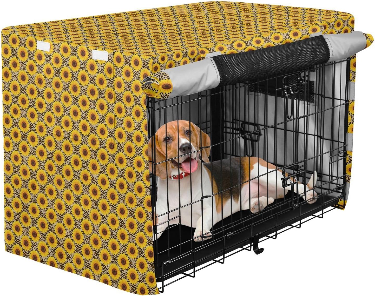 Leopard Sunflowers Crate Covers for Dog Cages Privacy Kennel Covers Roller Shades 42 Inch