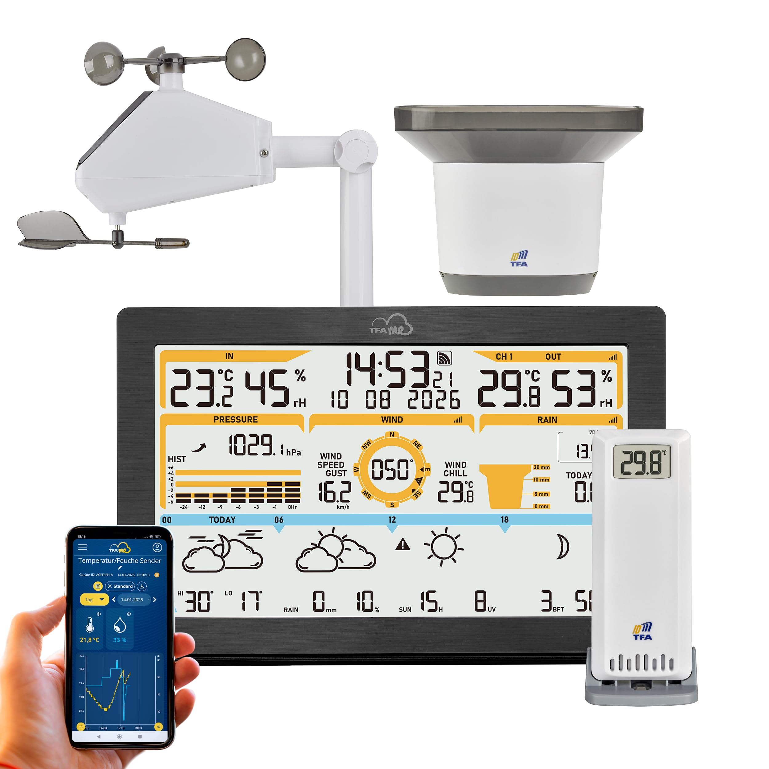 TFA Dostmann Stazione meteo con sensore esterno WLAN TFA.me ID-05 8-in-1, 35.8106, Previsioni meteo prof. wetter.com 4 giorni, portale online, include trasmettitore, vento/pioggia/temperatura/umidità