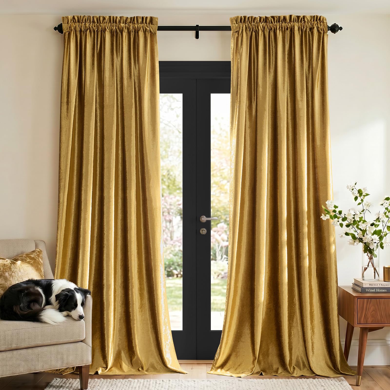 PRIMROSE Gold Curtains 96 inch for Living Room Velvet Blackout Rod Pocket Window Drapes Treatment Semi Room Darkening Decor Golden Curtains for Bedroom Set of 2 Panels