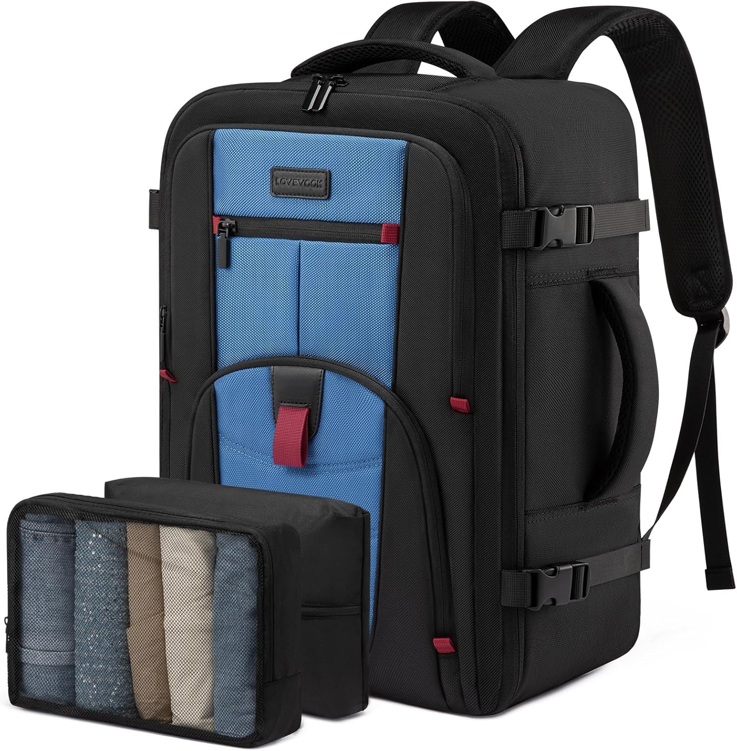 LOVEVOOK Travel Laptop Backpack for Men, 35L Large Carry On Backpack Personal Item Size, Airline Approved Waterproof Bookbag with 2 Packing Cubes Fits 15.6" Laptop, Black&Blue