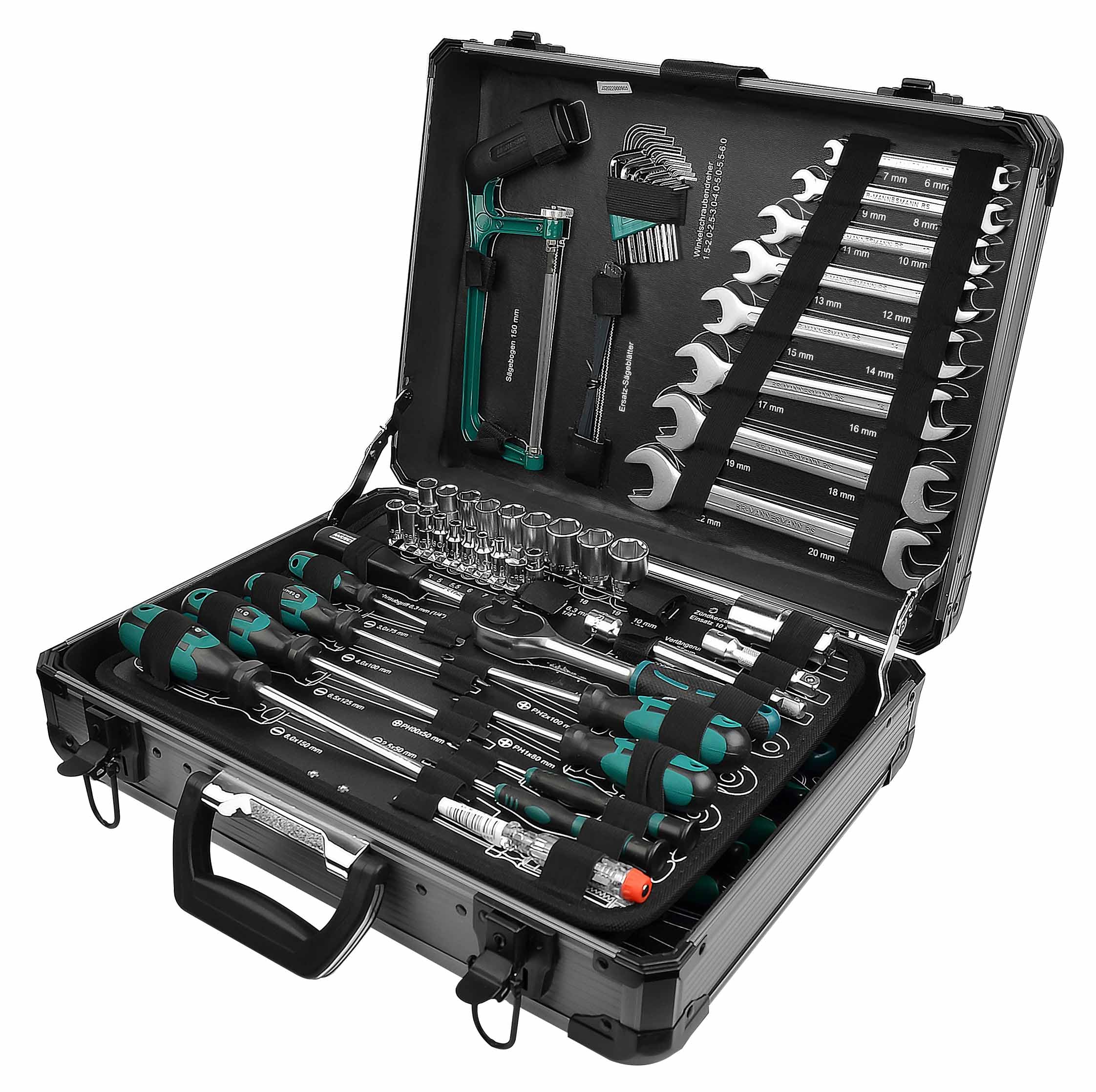 Brüder Mannesmann Alu-Werkzeugkoffer, 133-teilig - Werkzeugset mit Werkzeug aus Chrom-Vanadium-Stahl - inkl. Schraubendreher, Zangen, Gabelschlüsselsatz, Spannungsprüfer, Stecknüsse & Bits | M29079