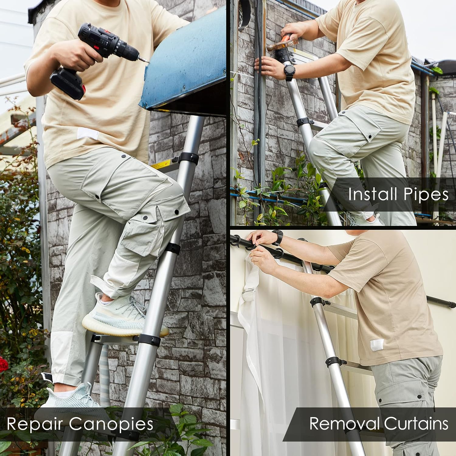 PAPAJET 10.5 FT Telescopic Ladder, Aluminum Multi-Purpose Telescoping Extension Ladder, Retraction Ladder for Home Maintenance Indoor Outdoor - - 