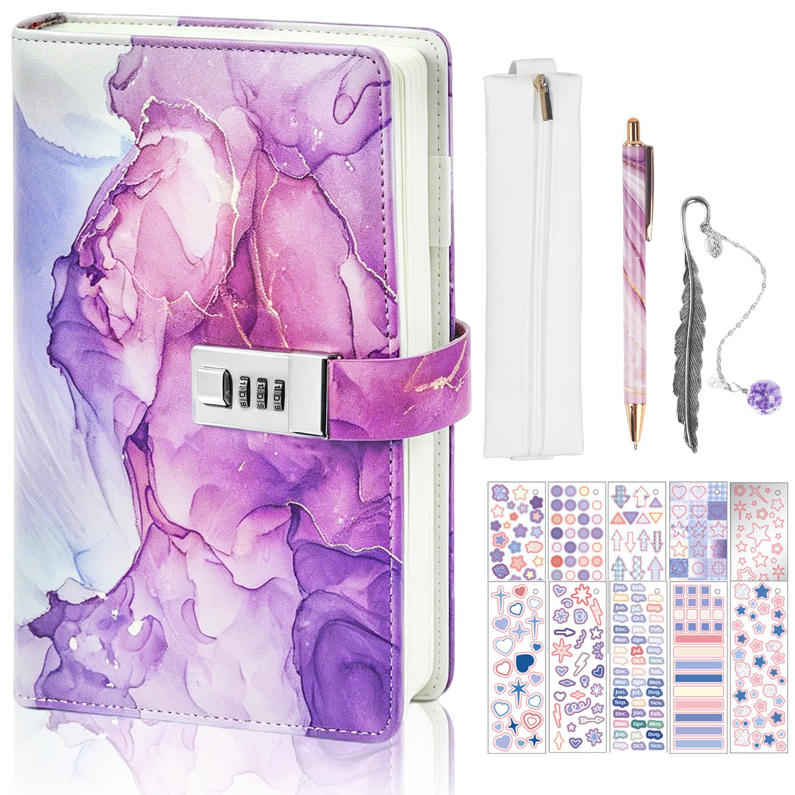 Tutukyle Secret Diary With Lock For Girls, Purple Journal With Lock For Girls,Lockable Diary With Pen Bookmark Stickers Pencil Case,Gift For Back To School Birthday Festival Present