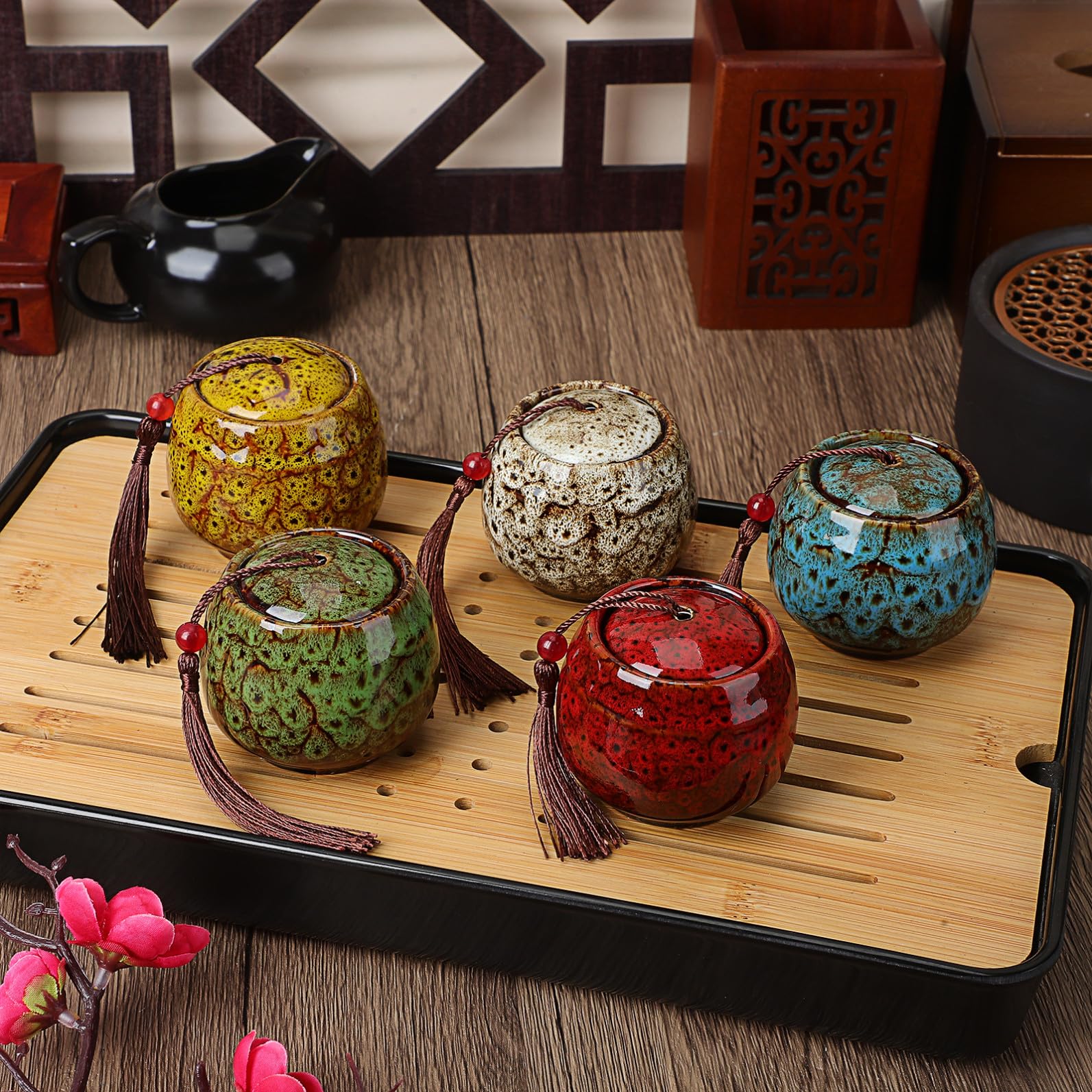 Tarro de Cerámica para Té 5 Piezas Tapa y Cierre Hermético | Latas Redondas para Hojas, Uso Doméstico y Sobremesa, Formato Mini, Multiuso para Guardar Otros Artículos Color Aleatorio