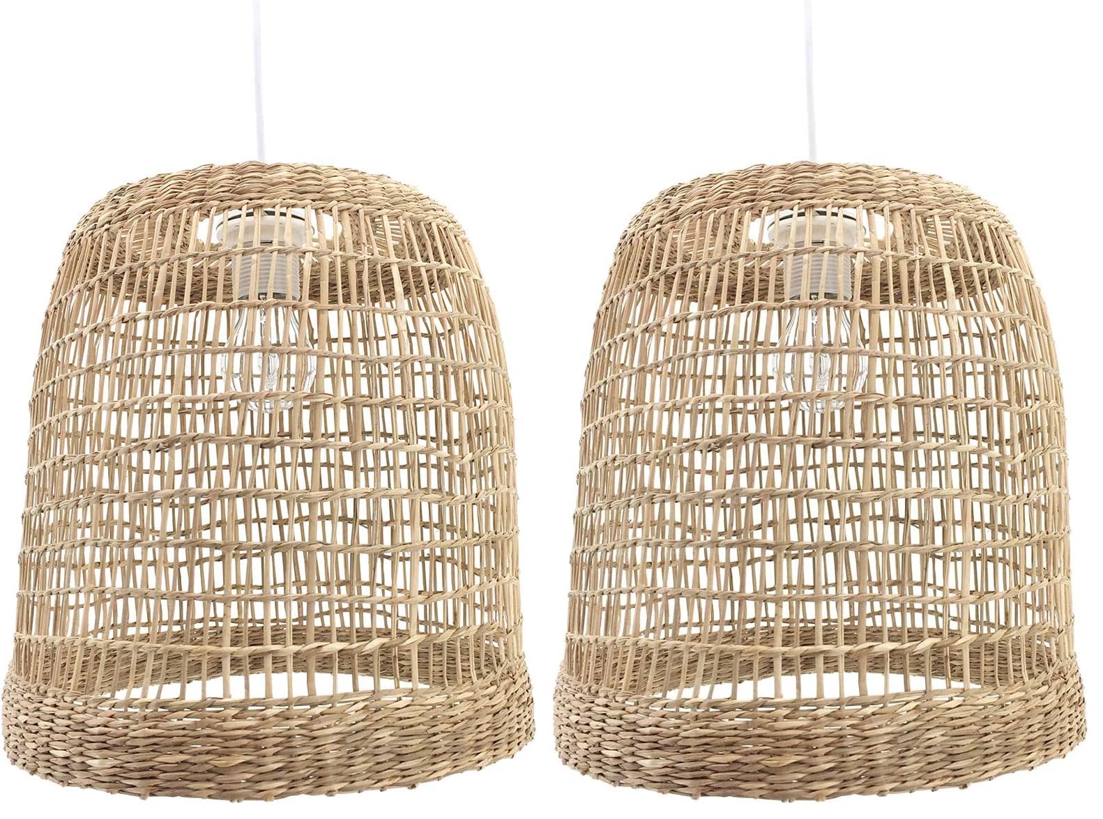 LUSSIOL - Luminaire Cuzco, lustre au look bohème, naturel, hygge - lampe suspendue en rotin tressé naturel, câble blanc, douille E27, Ø 30 cm - possibilité ampoule LED - (Lot de 2)