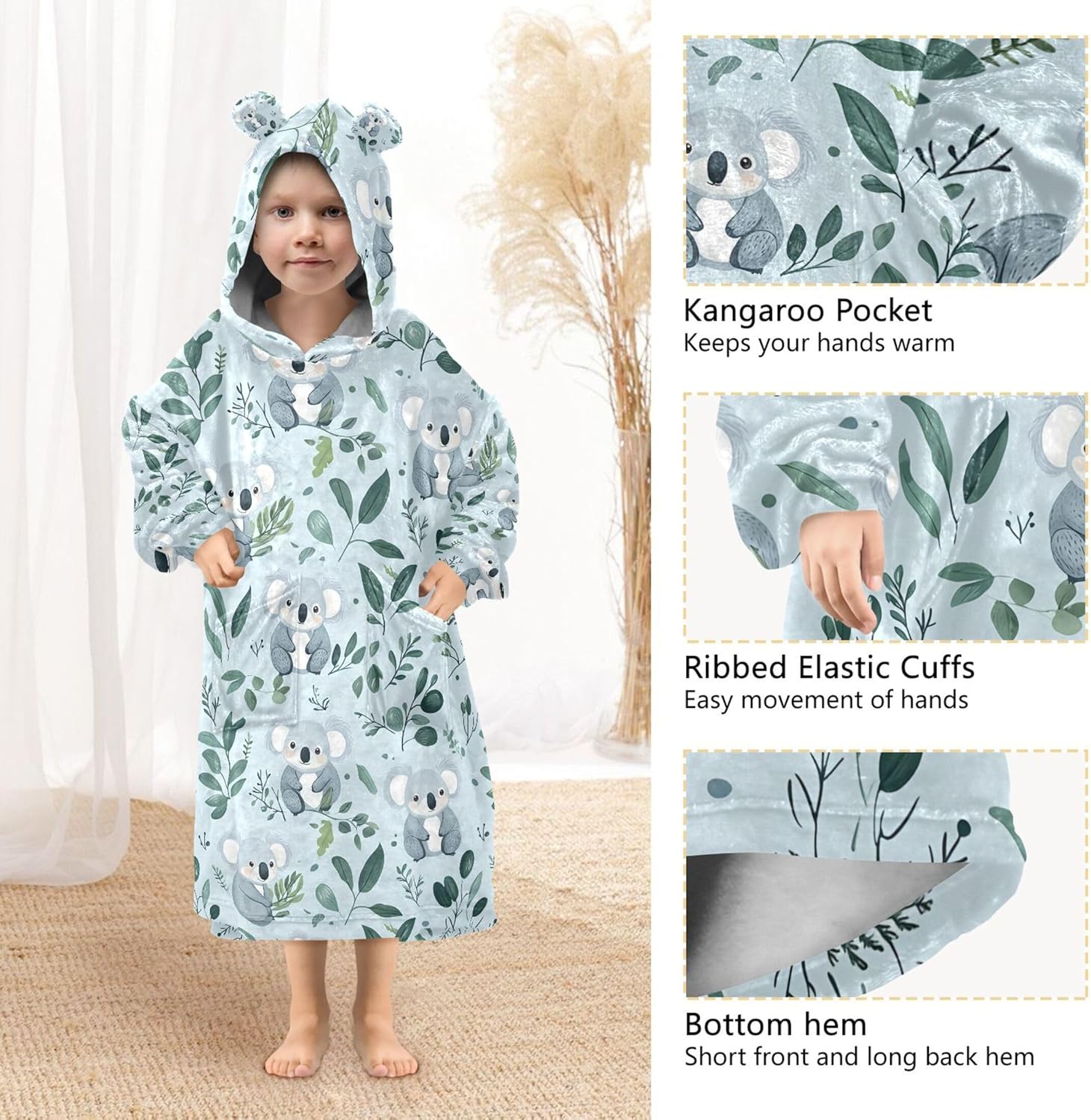 Cute Koala Kids Wearable Blanket Hoodie with Pocket and Sleeves for Toddlers, Cute Hoodies Girls Boys B0404147