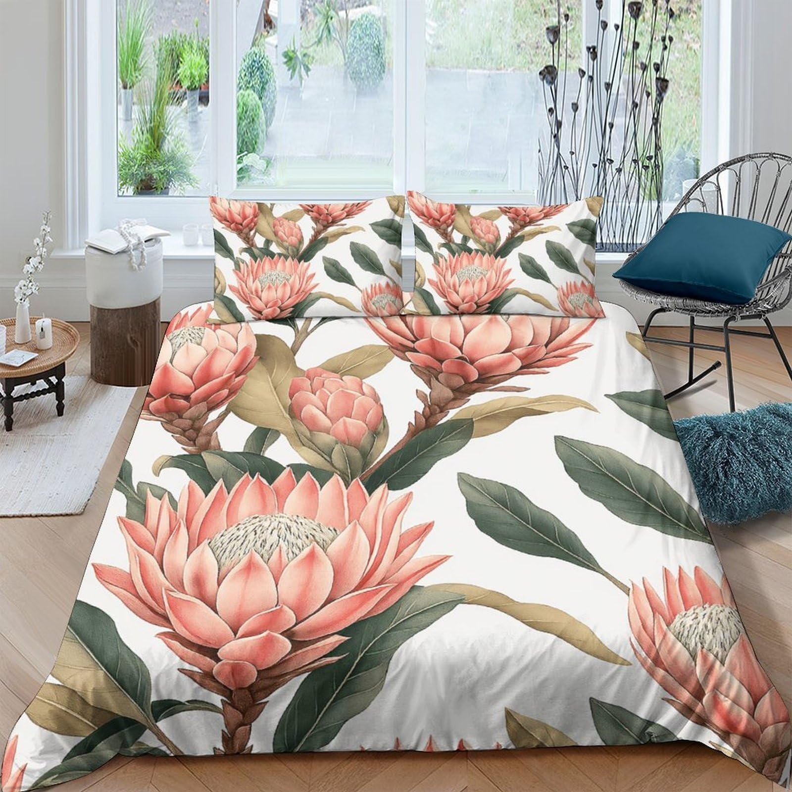 GPLZQXKJNH 3D Printed Protea Floral Duvet Cover Microfiber Soft Breathable Botanical Quilt Cover Set with 2 Pillowcases for Bedroom Decor Single（135x200cm）