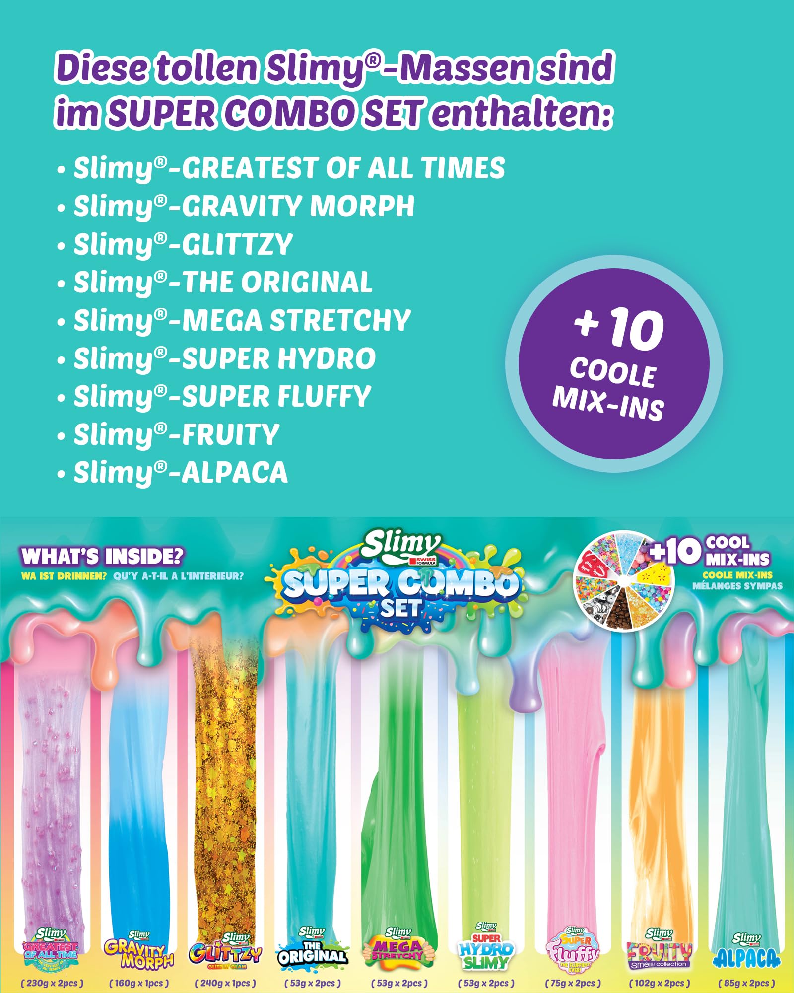 Slimy Super Combo Set – Set originale Slime con 9 diverse masse di gioco e 10 mixin | massimo divertimento per bambini con melma da 1600 g | plastilina elastica in set regalo