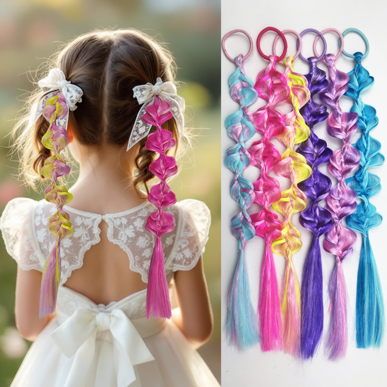 6 Pack Braided Hair Extensions, Colorful Pre-Braided Ponytail Hair Ties with Elastic Bands, Soft Synthetic Hair Accessories for Dress Up, Holiday Costume, Parties & Everyday Styling