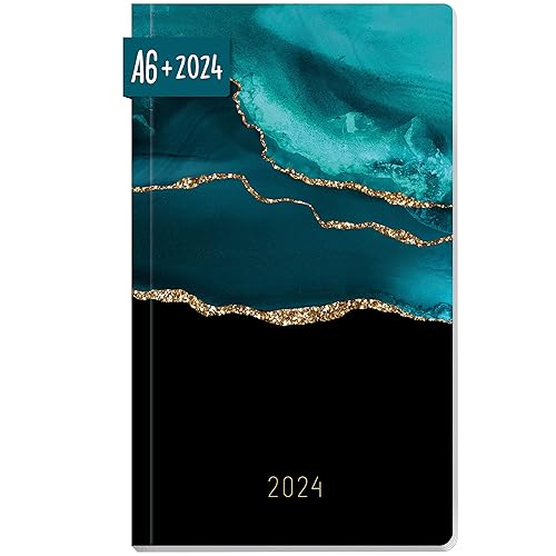 Monthly Calendar 2024 A6+ Slim [Shiny Teal] 48 Pages | Monthly Planner Small Pocket Calendar with Yearly Overview and Holiday Overview | 2 Pages 1 Month | Sustainable &amp; Climate Neutral