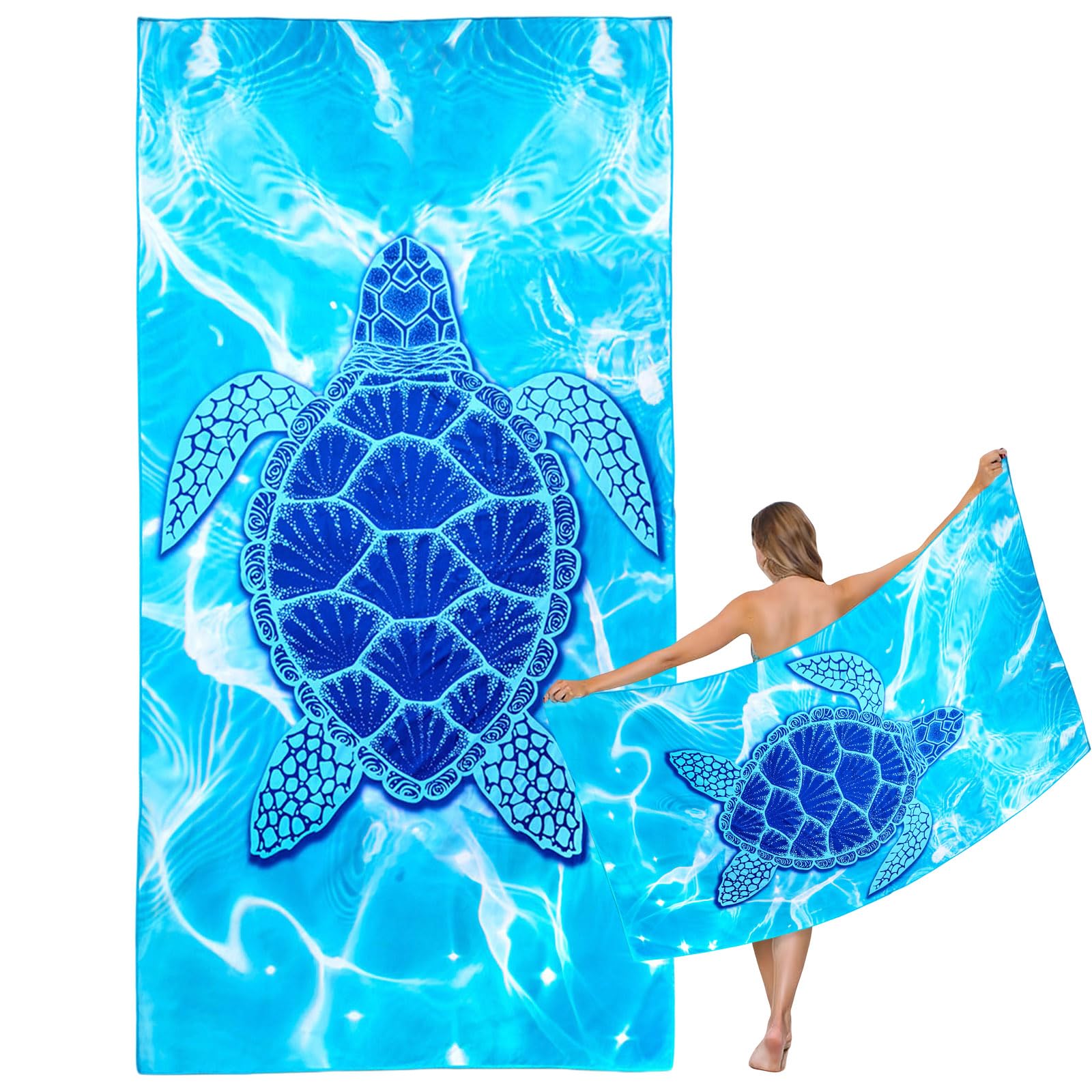 Mienocol Large Quick Dry Microfibre Beach Bath Towel for Adult,Blue Turtle Sand Free Beach Towel with Bag,Lightweight Gym Yoga Sports Towel,Compact Travel Summer Beach Towel for Women Men