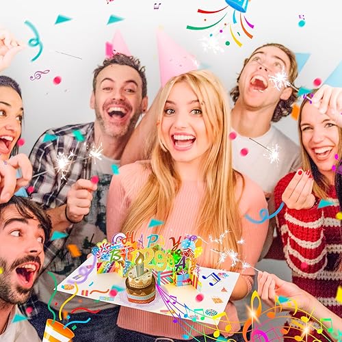Miniatura 7 de Gumry Tarjeta emergente de cumpleaños musical de 29 años, velas 3D de luz colorida soplable con canción, sonido de aplausos, tarjetas de