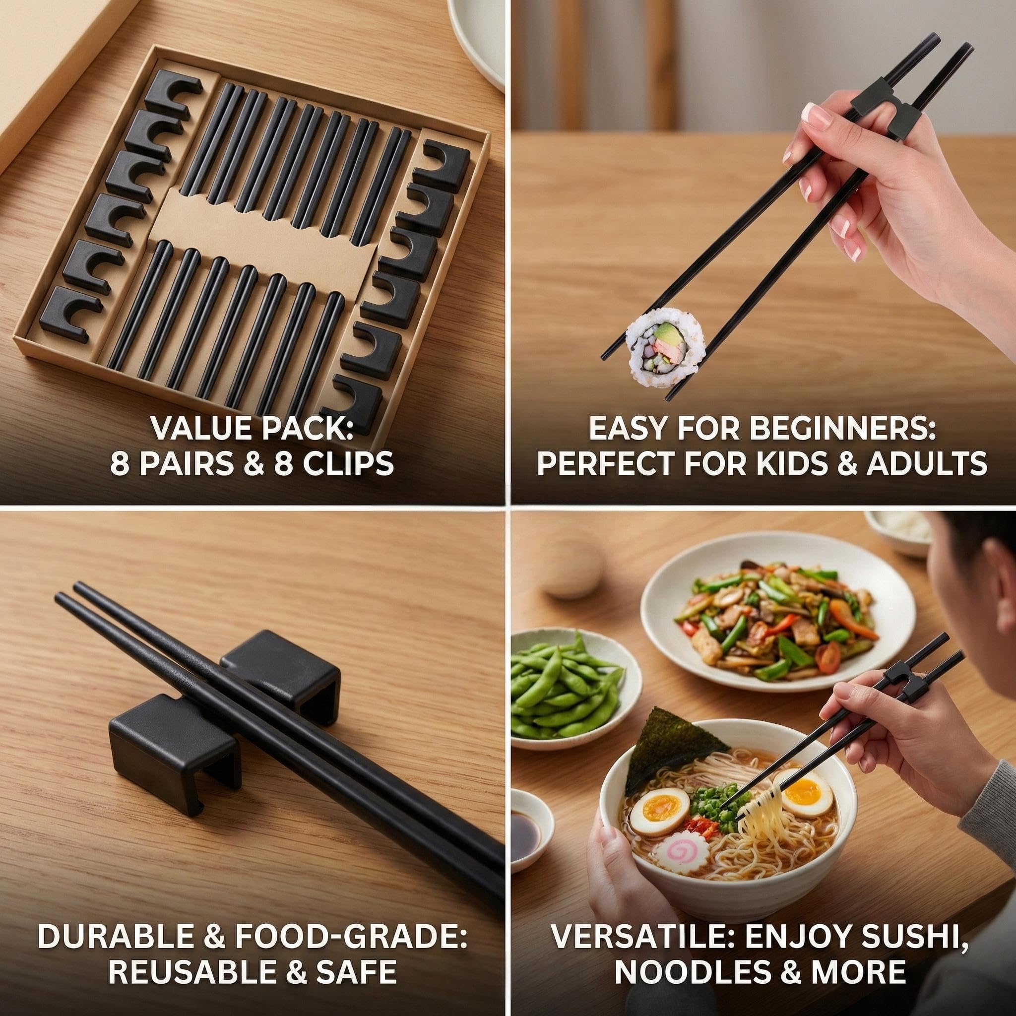 Juego de 8 pares de palillos de fibra de vidrio reutilizables (24 cm) + 8 entrenadores de palillos, palillos antideslizantes de sushi japonés, palillos de aleación negra con bisagra de plástico p