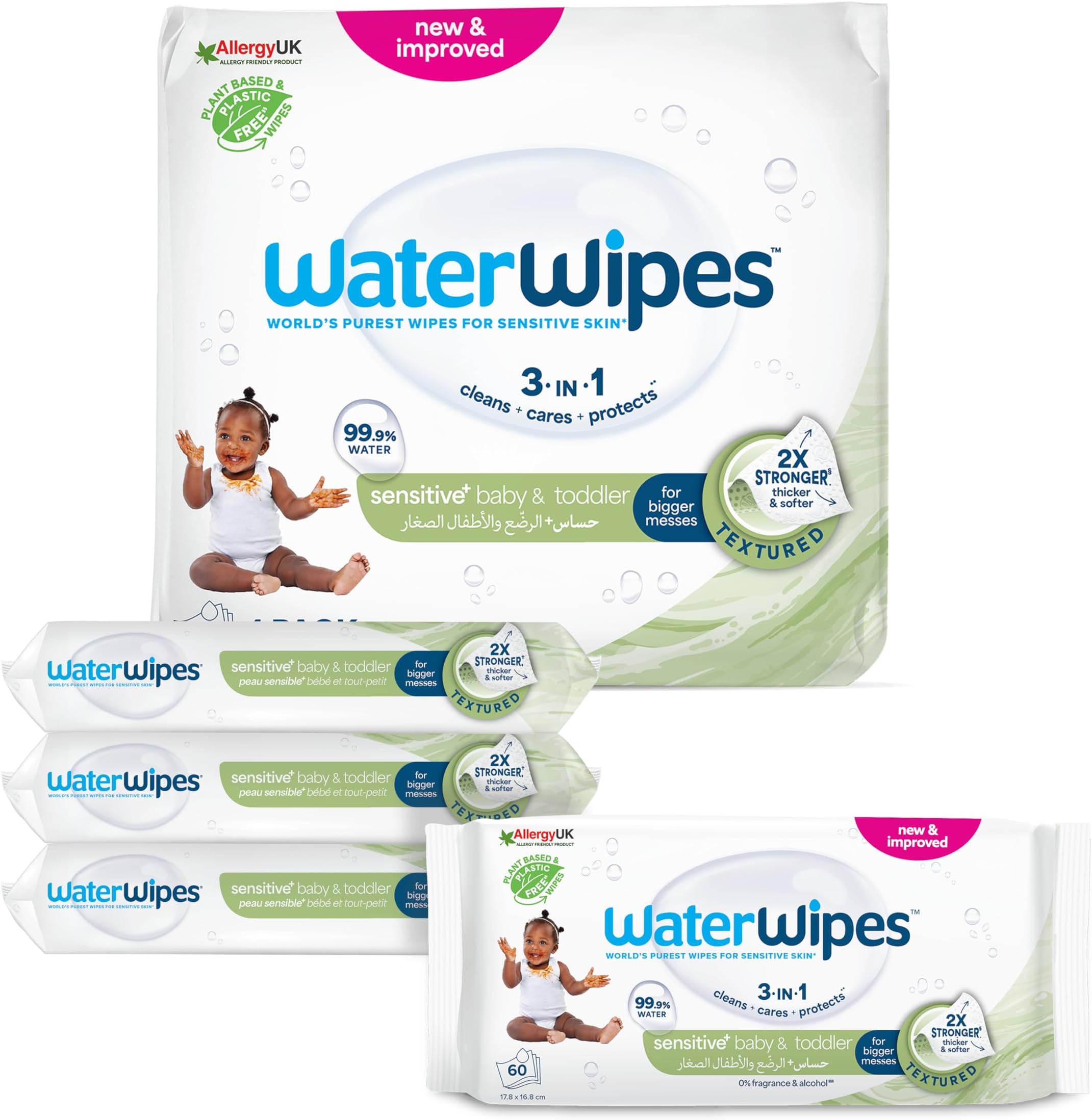 Sensitive+ Baby & Toddler Textured Wipes, 4 Pack, 240 Total Wipes, 99.9% Water, Fragrance Free & Alcohol Free