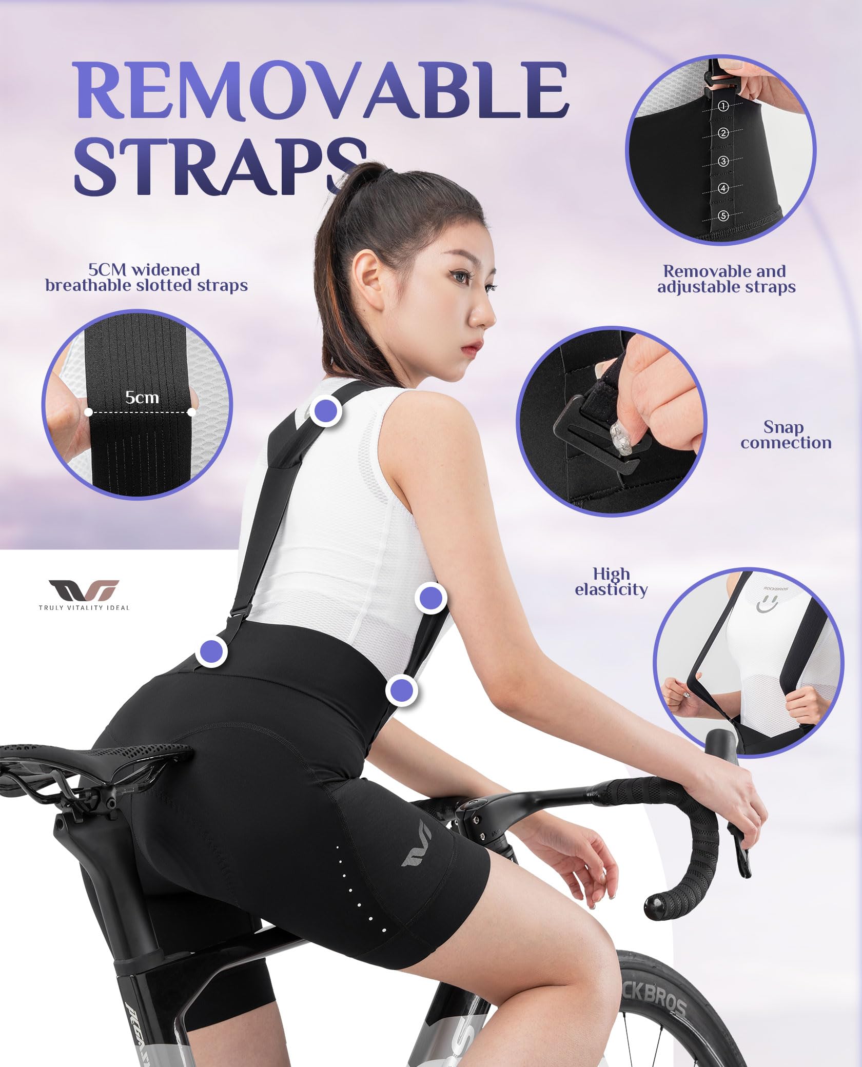 ROCKBROS TVI Pantaloni Ciclisti Donna, Pantaloncini Ciclismo Donna, Pantaloncini Bici a Imbottiti, Salopette da Bicicletta, Pantaloni MTB Corti Traspiranti, Abbigliamento Intimo Ciclismo, Nero