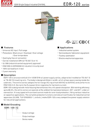 Miniatura 2 de MEAN WELL EDR-120-24 Fuente de alimentación de riel DIN de salida única 24V 5 Amp 120W