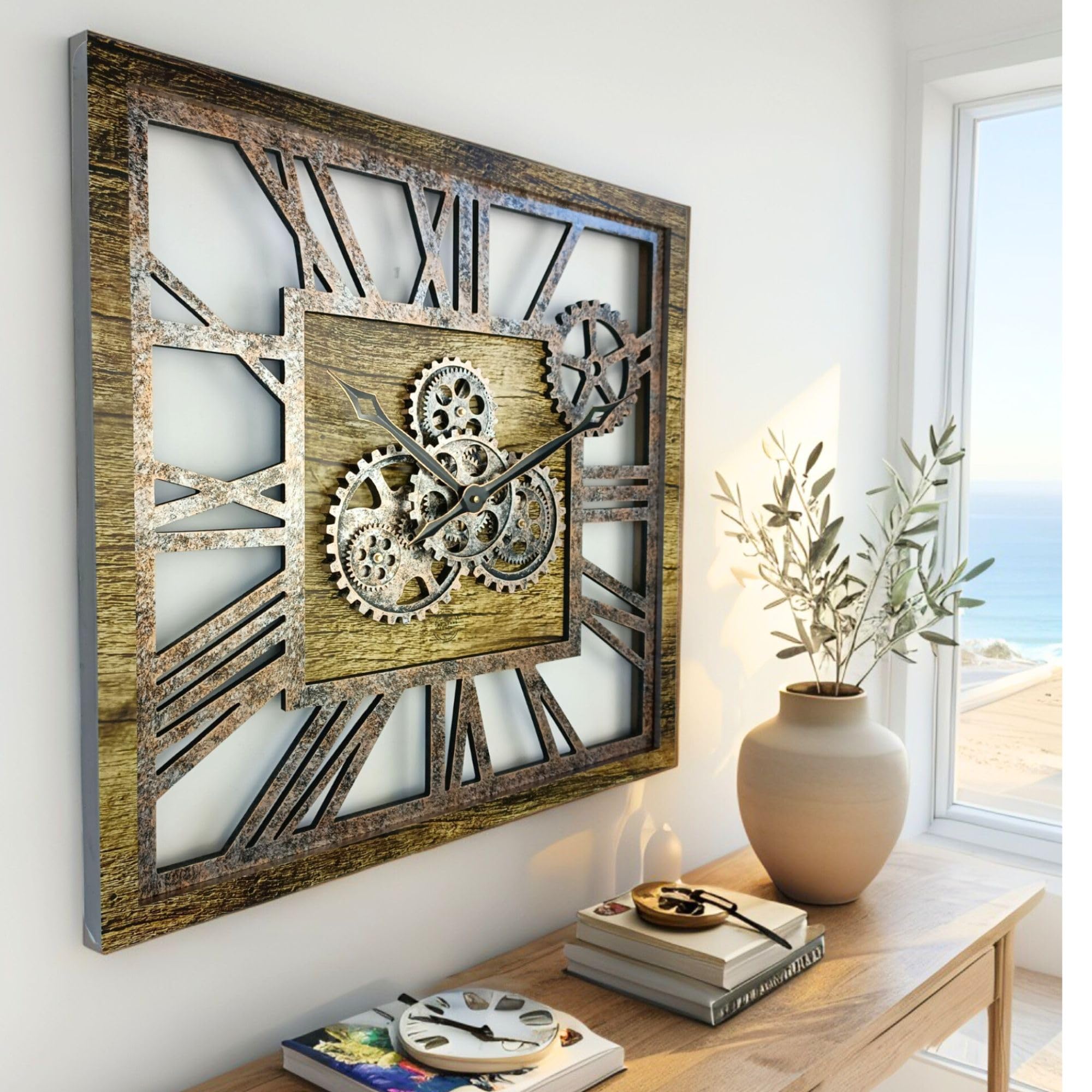 ImprovingLife The Gears Clock 61 cm (24 Zoll) quadratische Wanduhr mit echten beweglichen Zahnrädern, Vintage Industrial, übergroß, rustikales Bauernhaus (Gold Antik)