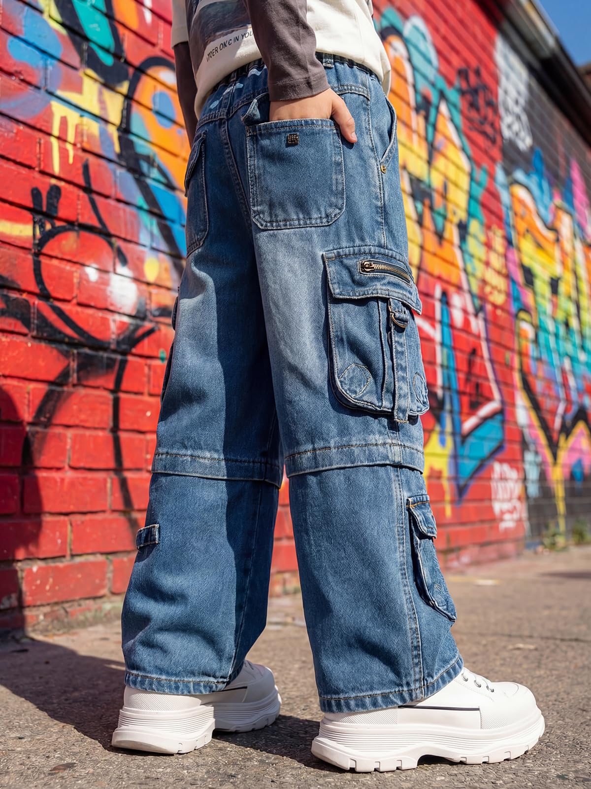 JiAmy Chłopięce spodnie dżinsowe, elastyczny ściągacz, Baggy Jeans chłopięce, szerokie nogawki, Y2k, dziecięce spodnie cargo, bawełna, spodnie dżinsowe dla chłopców i dziewczynek, 120-160 (5-14 lat)