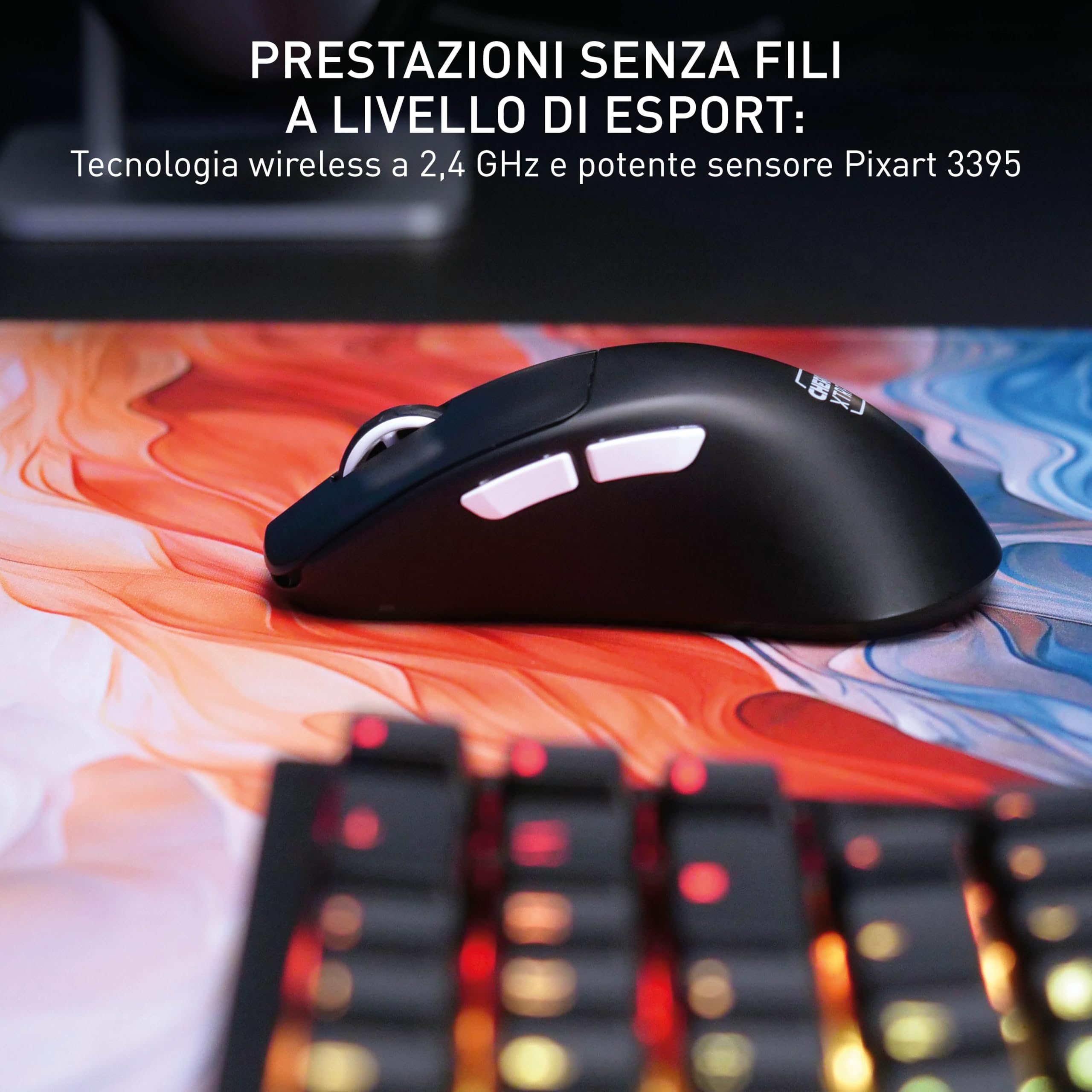 CHERRY XTRFY M64 Pro Wireless, Mouse da Gioco Ultraveloce, 2,4 GHz, Ottimizzato per esports, Mouse 8K, Forma Ergonomica Piatta Davanti, Nero