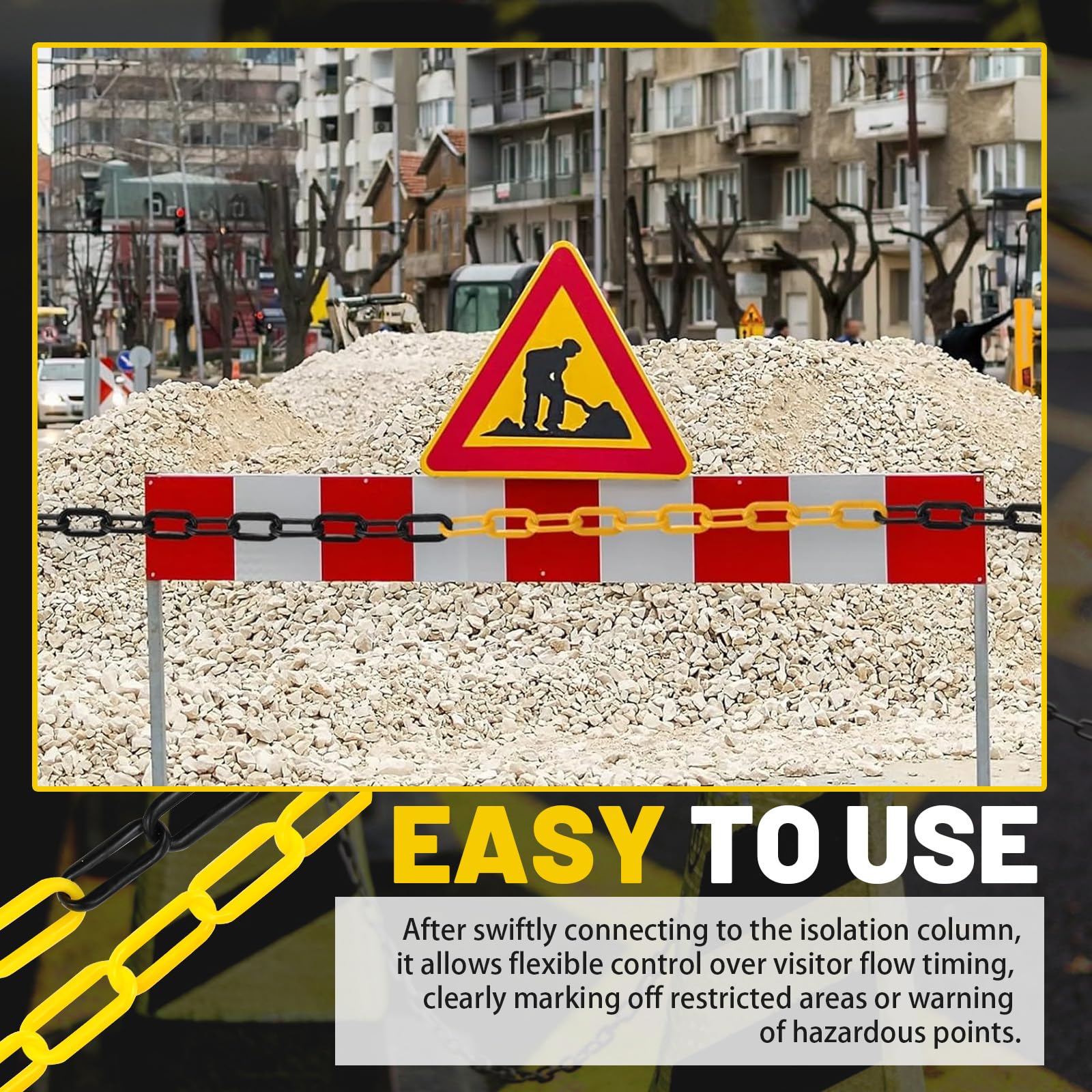 Erzekrim Absperrkette Warnkette Plastikkette Gelb Schwarz Kunststoff Kette 6mm Stärke Absperrkette Kunststoff mit 4 Karabinern für Baustelle,Parkplatz,Warteschlangen,Kunststoffkette (25M,Schwarz Gelb)