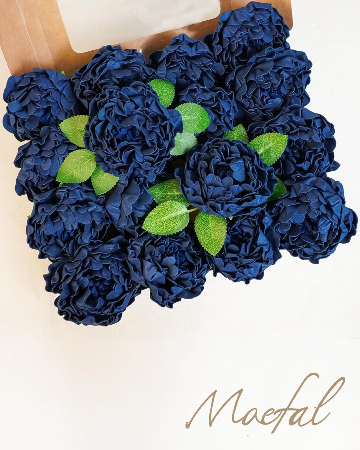 16pcs Navy Blue Artificial Peonies with Vintage Burnt Edge - Real Touch Foam Fake Peony Flowers with Stems & Leaves for DIY Wedding Bouquets, Centerpieces, Arch, Bridal Shower Decor
