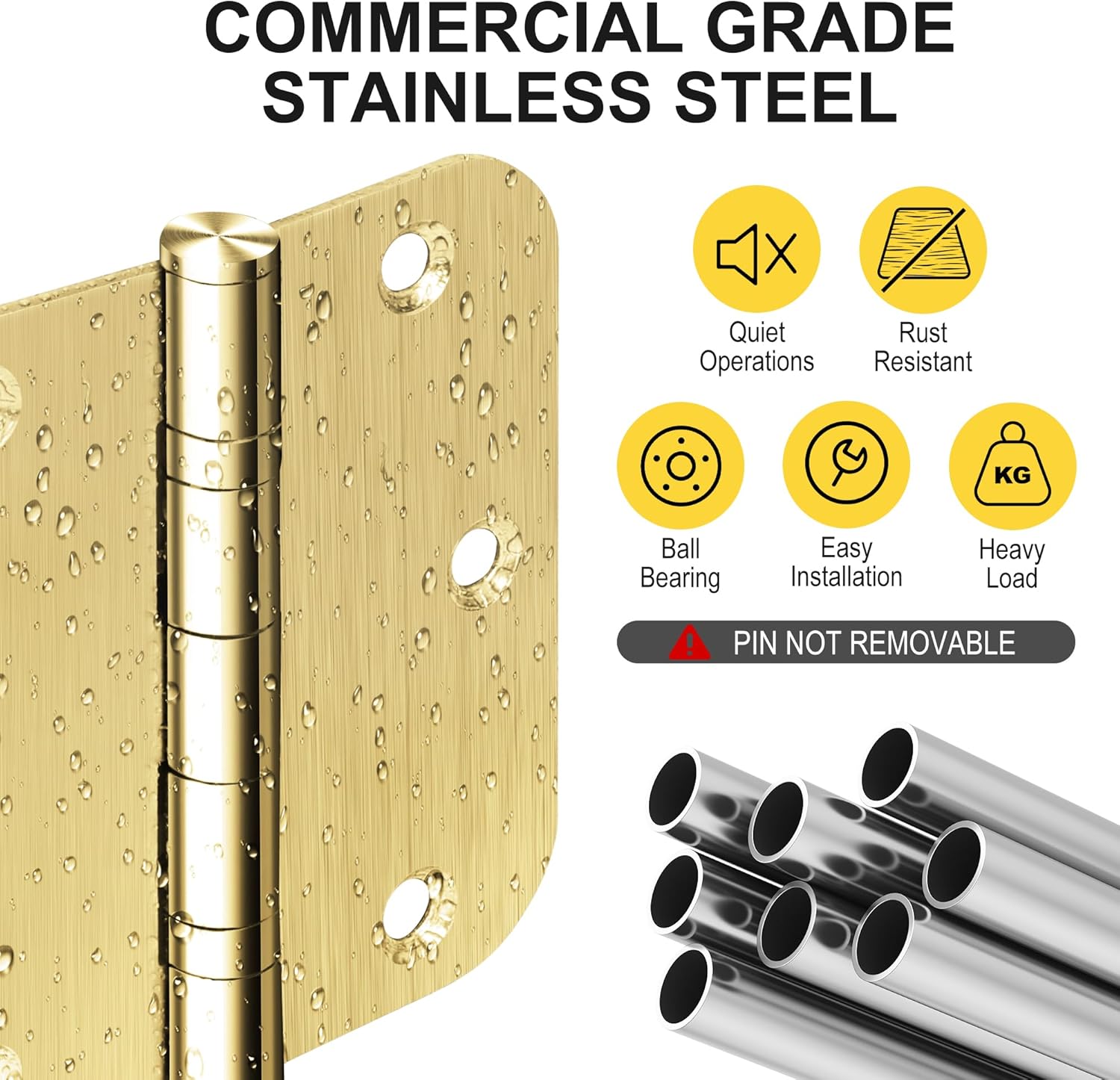 6 Pack 3.5 Inch Heavy Duty Stainless Steel Ball Bearing Door Hinges - Non-Removable Pin with 5/8" Rounded Corners for Interior & Exterior Doors (Gold)