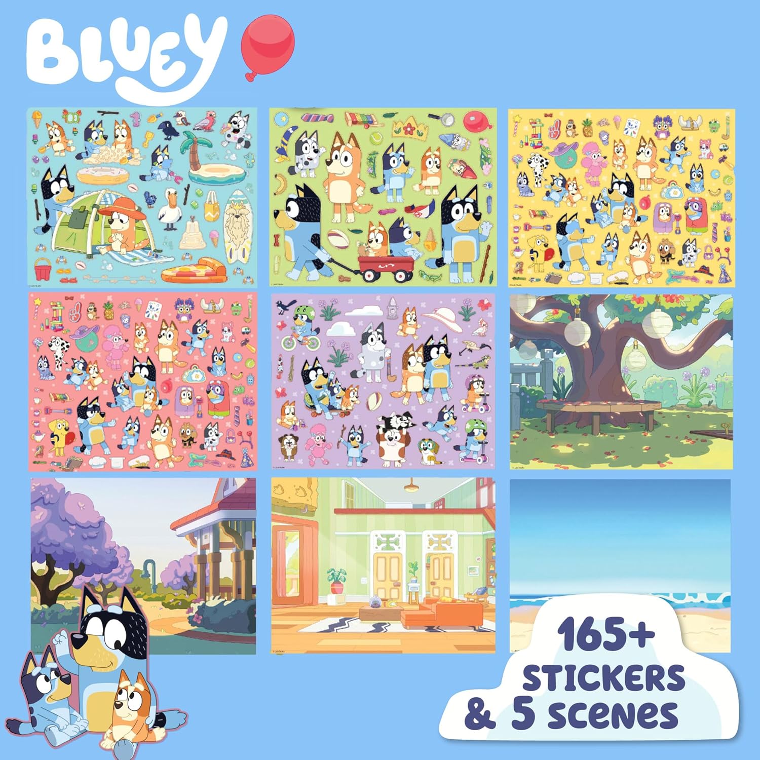 Bluey Repositionable Sticker Pad, Over 165 Removable Stickers & 5 Play Scenes, Jumbo Sticker Pad, Bluey Toys for Kids Ages 3 & Up
