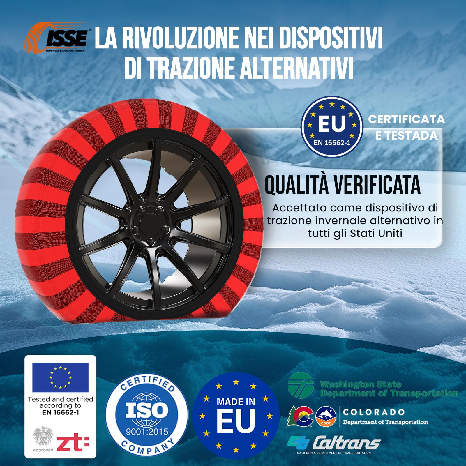 ISSE Calze da Neve Omologate Italia EN 16662-1 – 2 Catene da Neve in Tessuto per Auto Facili da Installare - Resistenti - Guanti Inclusi T70