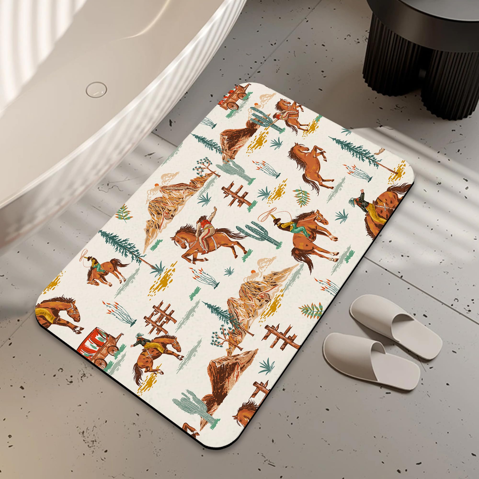LUOENY Western Bath Mat, Non-Slip Quick Dry Absorbent Thin Bathroom Rug Fit Under Door Bathroom Mat Shower Rug for in Front of Bathtub, Sink, Shower Room (75x43 cm)