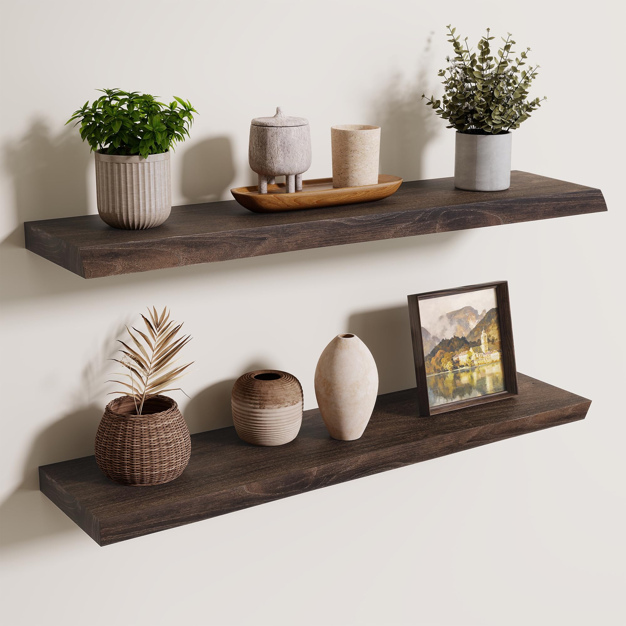 80cm Floating Shelves for Wall - 20cm Depth Live Edge Rustic Solid Elm Wood Floating Shelves Wall Mounted, Wall Shelves with Invisible Bracket for Living Room Bedroom Kitchen, 80x20x3.5(Walnut, 2PCs) โ image 1