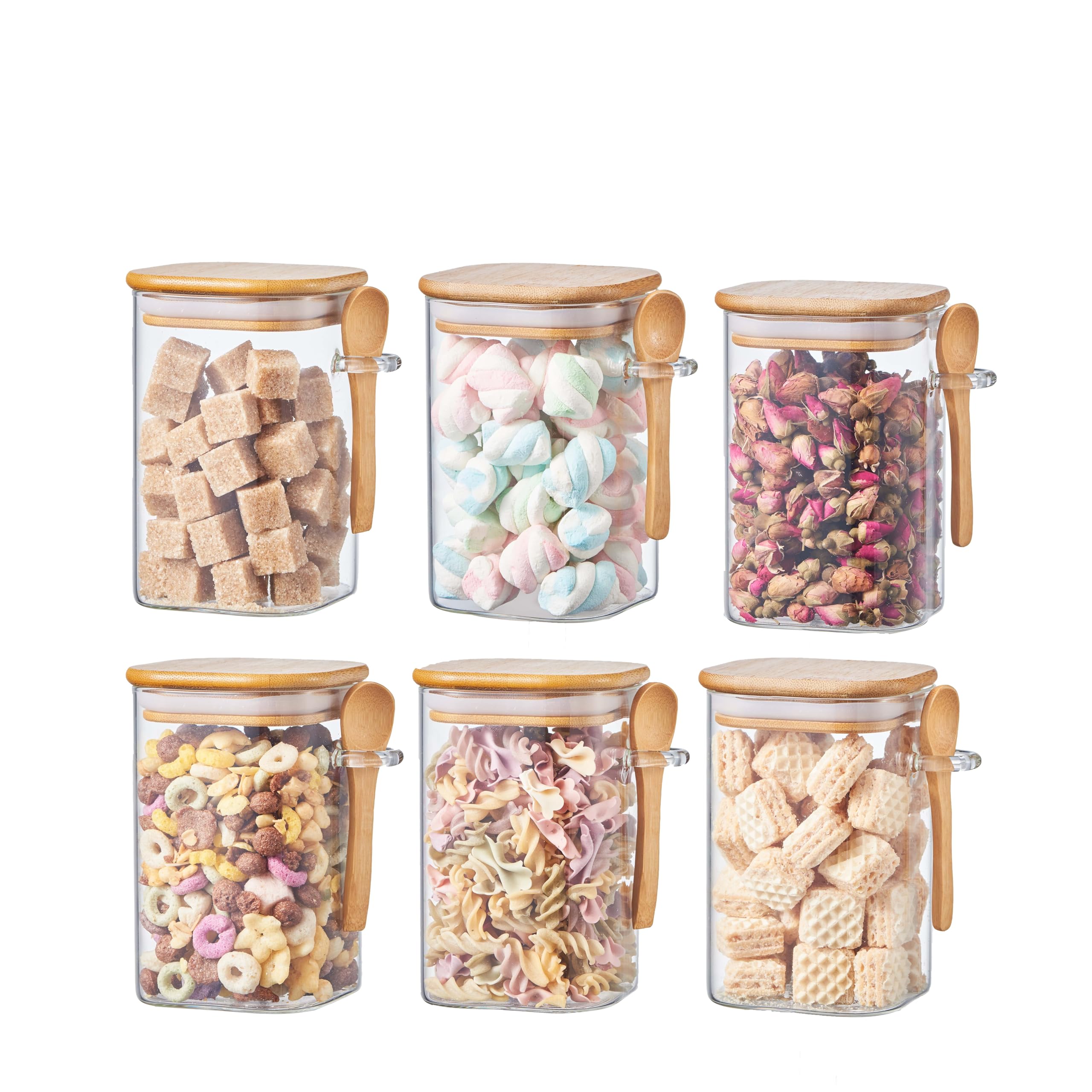 ORNAMI Airtight Glass Pantry Storage Canister Jar with Bamboo Lid & Spoon | BPA-Free, Clear Kitchen Organisation Jar - Set of 6 (0.5L, Square)