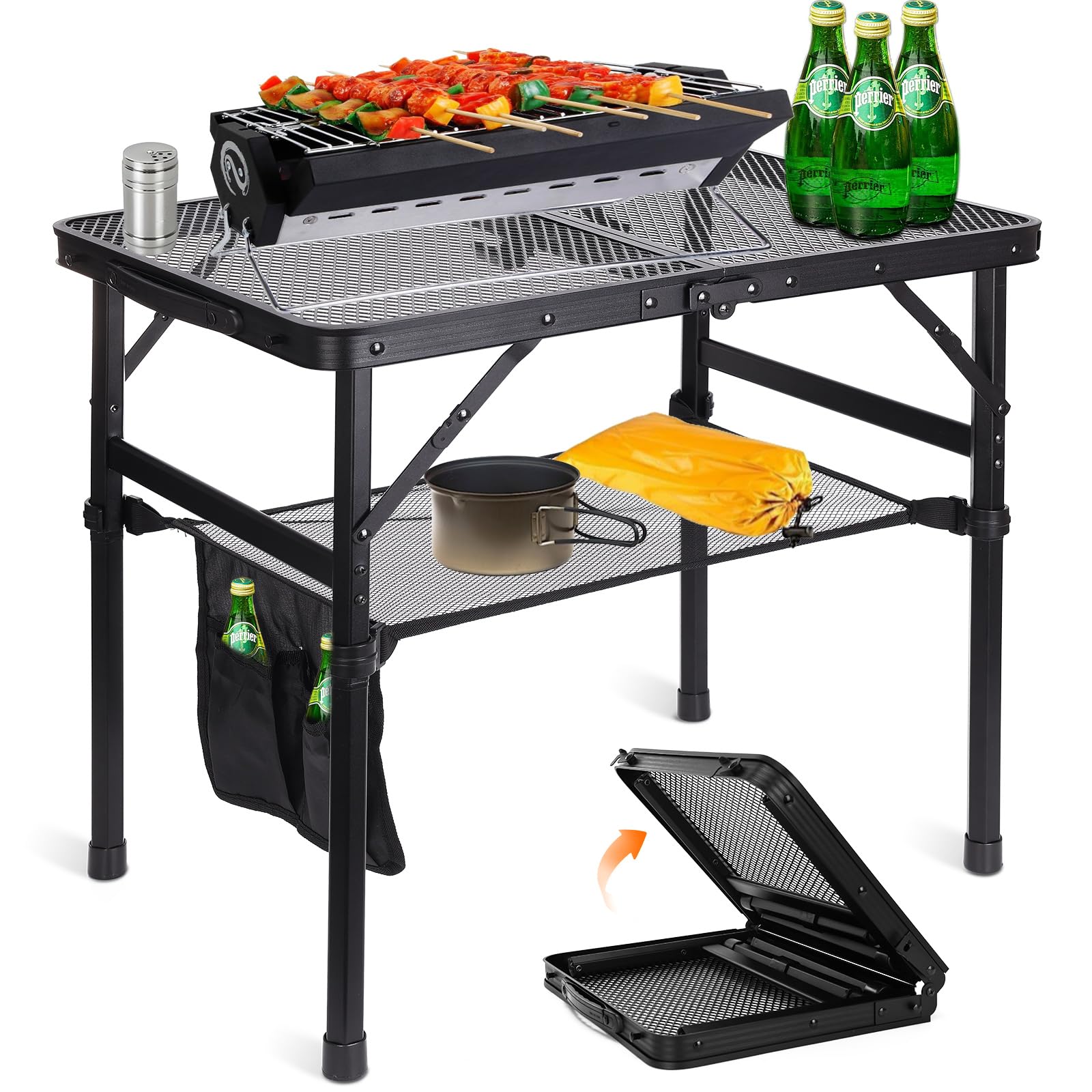 MYSWEETY Camping Table, 2ft Small Folding Grill Table with Mesh Bag, Height Adjustable Outdoor Picnic Table, Lightweight & Portable Aluminum Mesh Desktop Table for Camping, Picnic