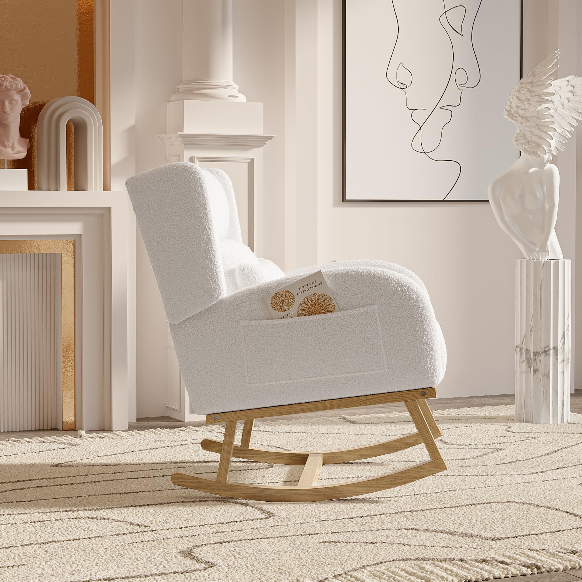 Sillón mecedora de lana de cordero con soporte lumbar, silla acolchada cómoda, bolsillos laterales, sillón de lactancia moderno y lectura (blanco)