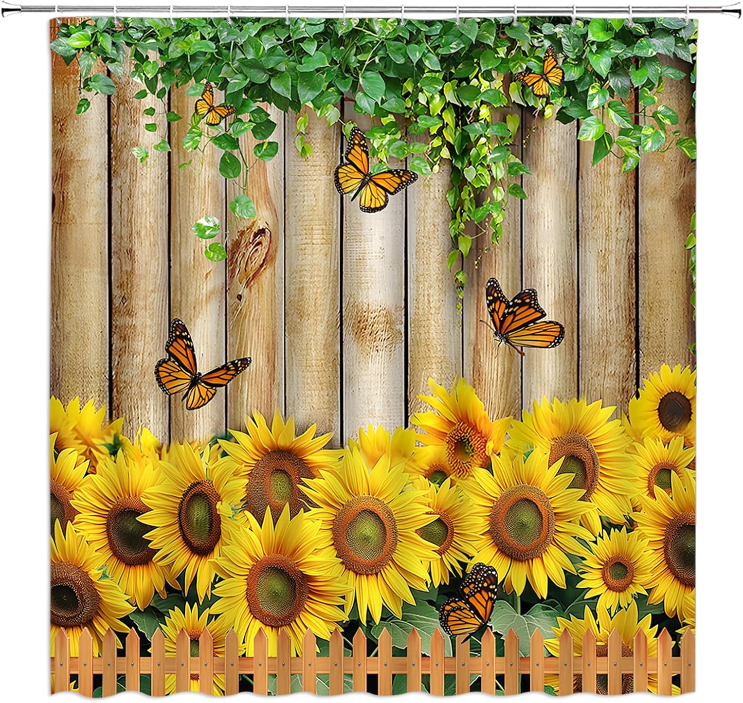AMFD Sunflower Shower Curtain Rustic Farmhouse Yellow Flower Butterfly Country Wooden Plank Green Leaves Spring Flower Bathroom Curtains Decor Polyester Fabric Include Hooks,(70" Wx74.8 H)