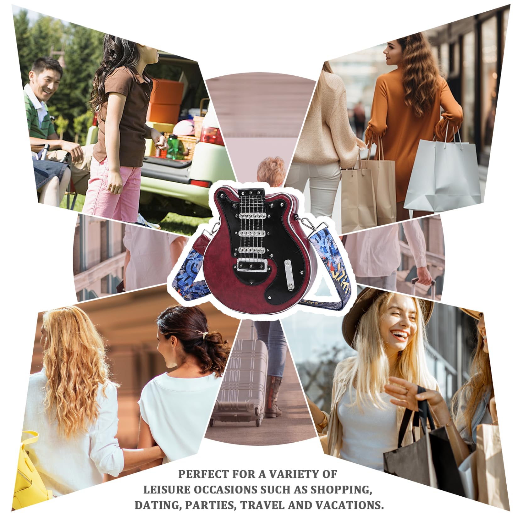 Borsa a tracolla a forma di chitarra Borsa per chitarra Novità Borsa a forma di chitarra rossa vino Borsa a tracolla di grande volume con cerniera Borsa casual alla moda a forma di chitarra per gite,