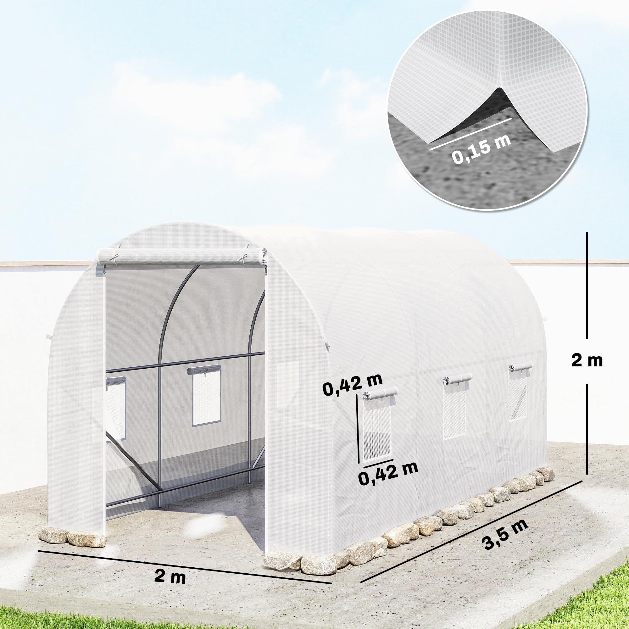 Outsunny Invernadero de Exterior 3,5x2x2 m Invernadero de Túnel con 6 Ventanas de Malla y Puerta Enrollable con Cremallera Invernadero de Huerto Anti-UV para Patio Jardín Blanco
