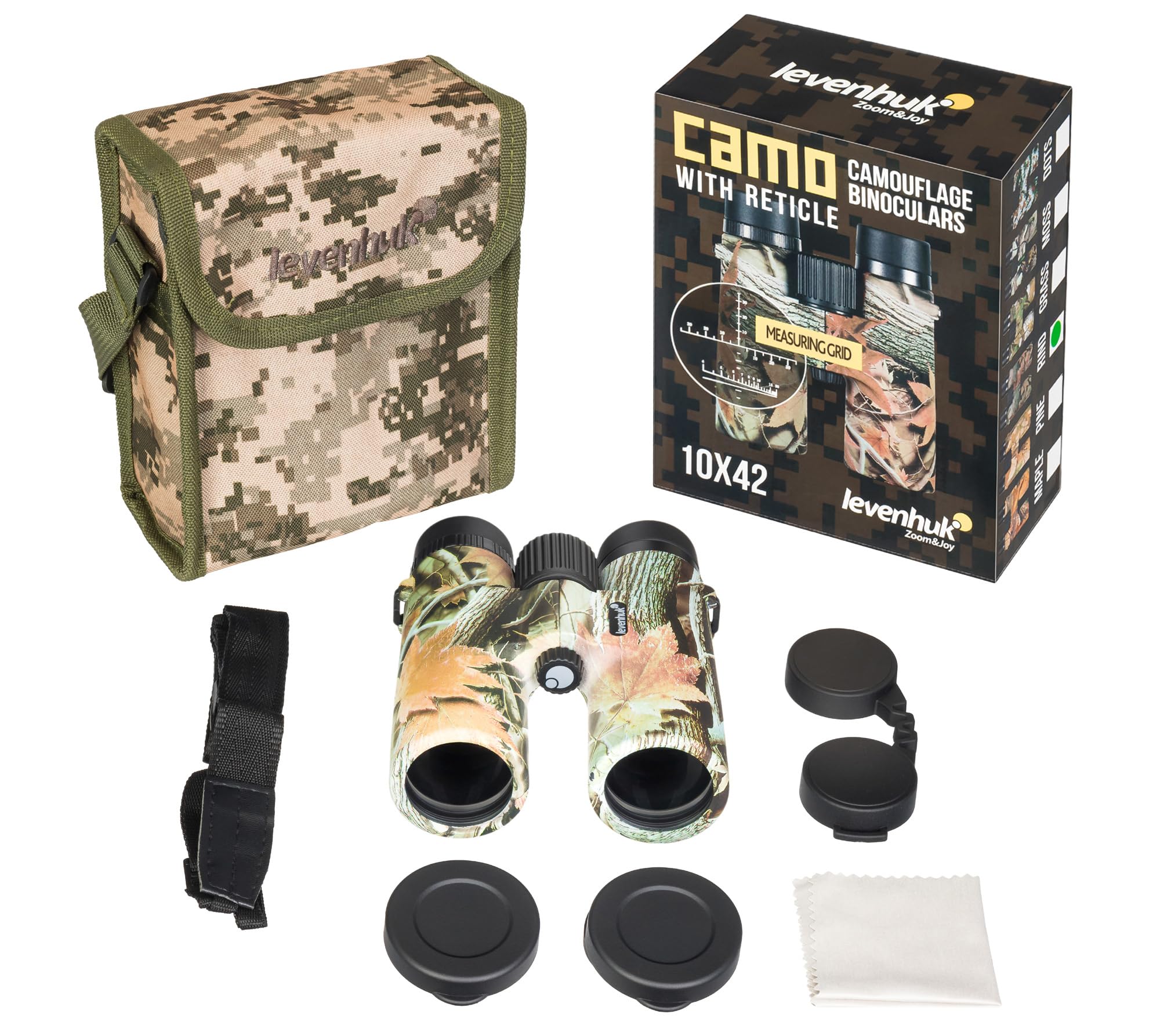 Levenhuk Camo Rind 10x42 Potente Binocolo Resistente all’Acqua, con Reticolo e Scala Telemetrica, per Misurare Facilmente le Distanze