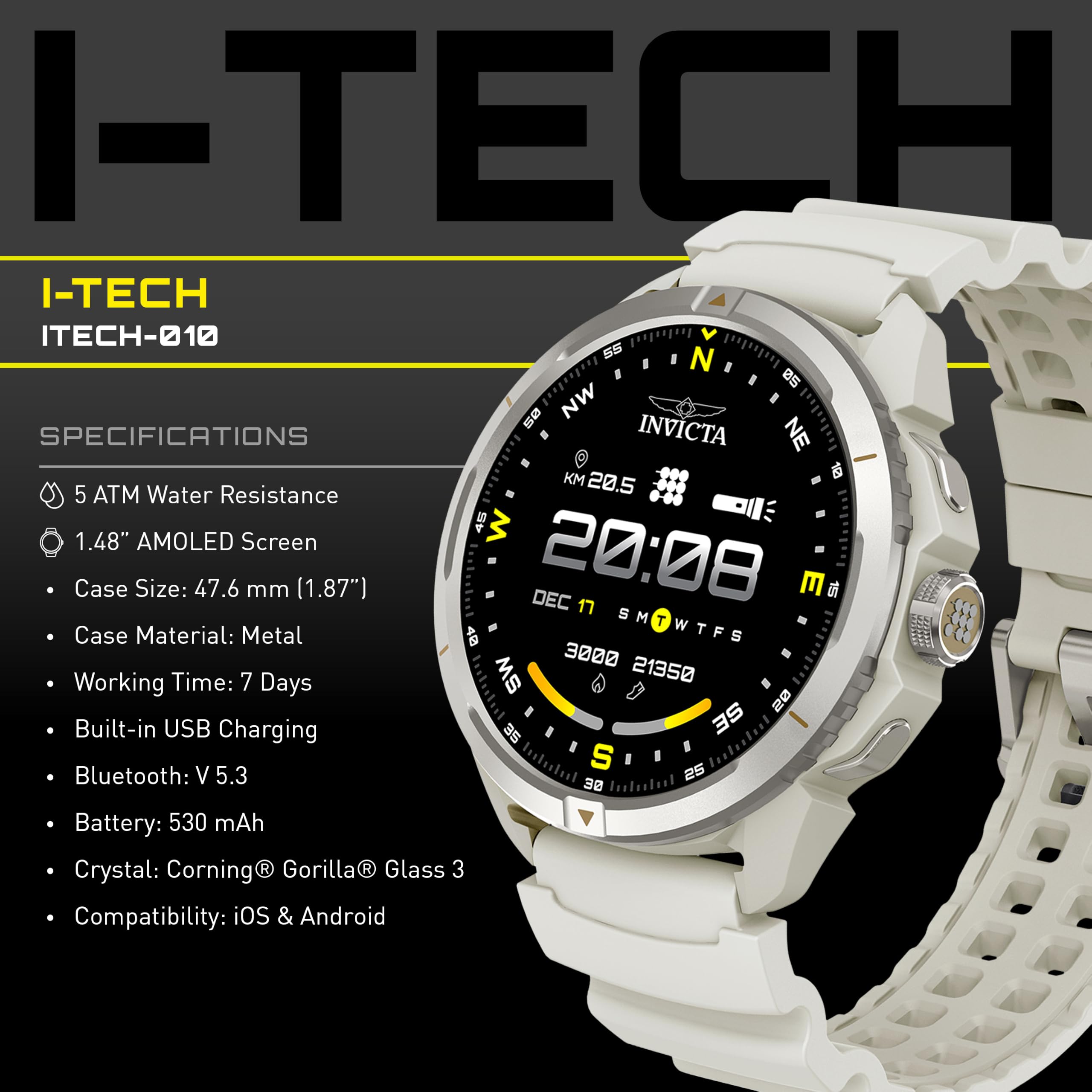 Invicta I-Tech-010 - Reloj Inteligente Digital, Pantalla de 1,48 Pulgadas, Correa de Silicona, Monitor de natación, HR, Bluetooth, Correa Blanca, Caja Negra, Unisex