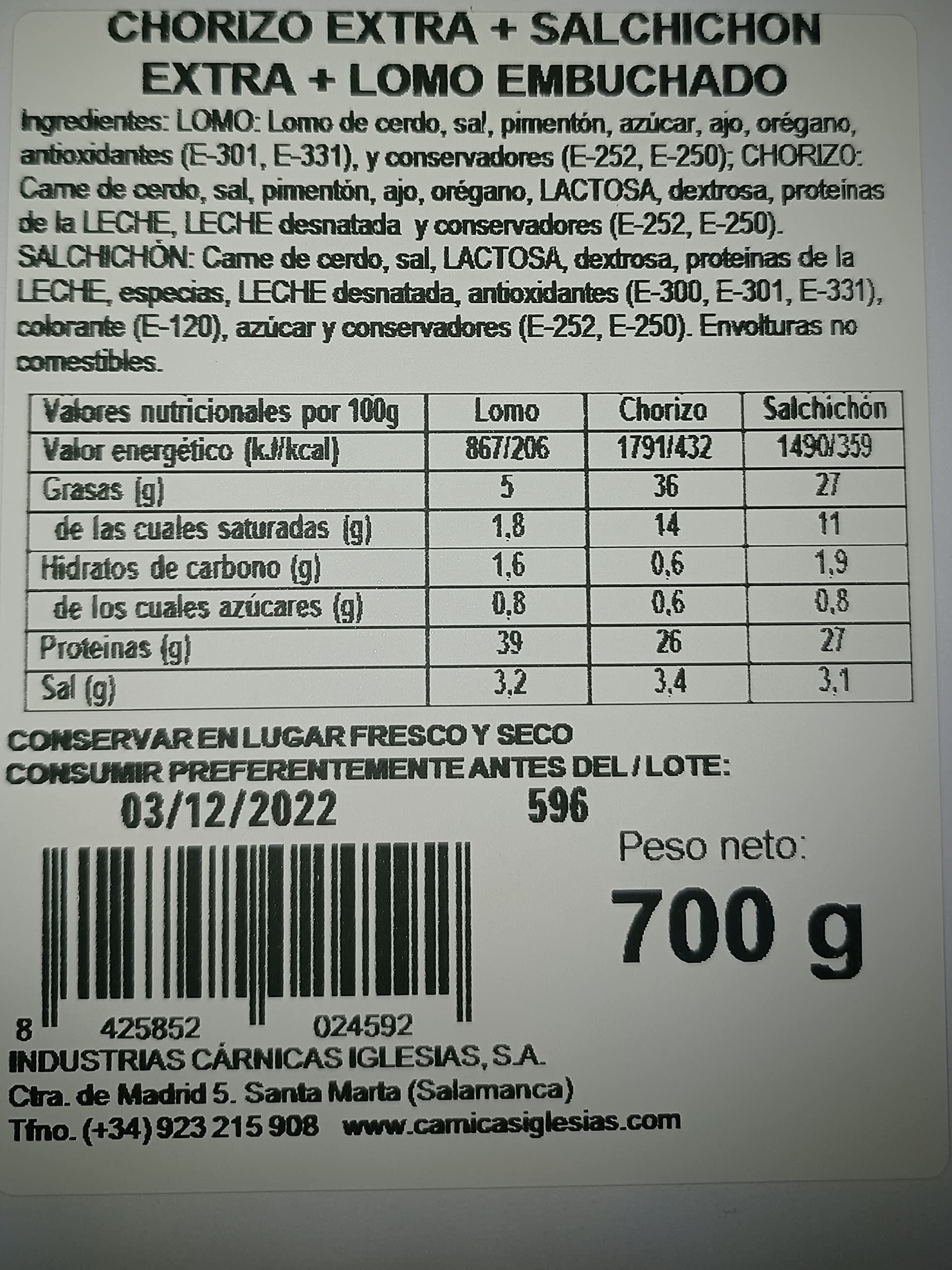 IGLESIAS ASI DA GUSTO Lote Lomo Embuchado Chorizo Extra Salchichón Extra 700g