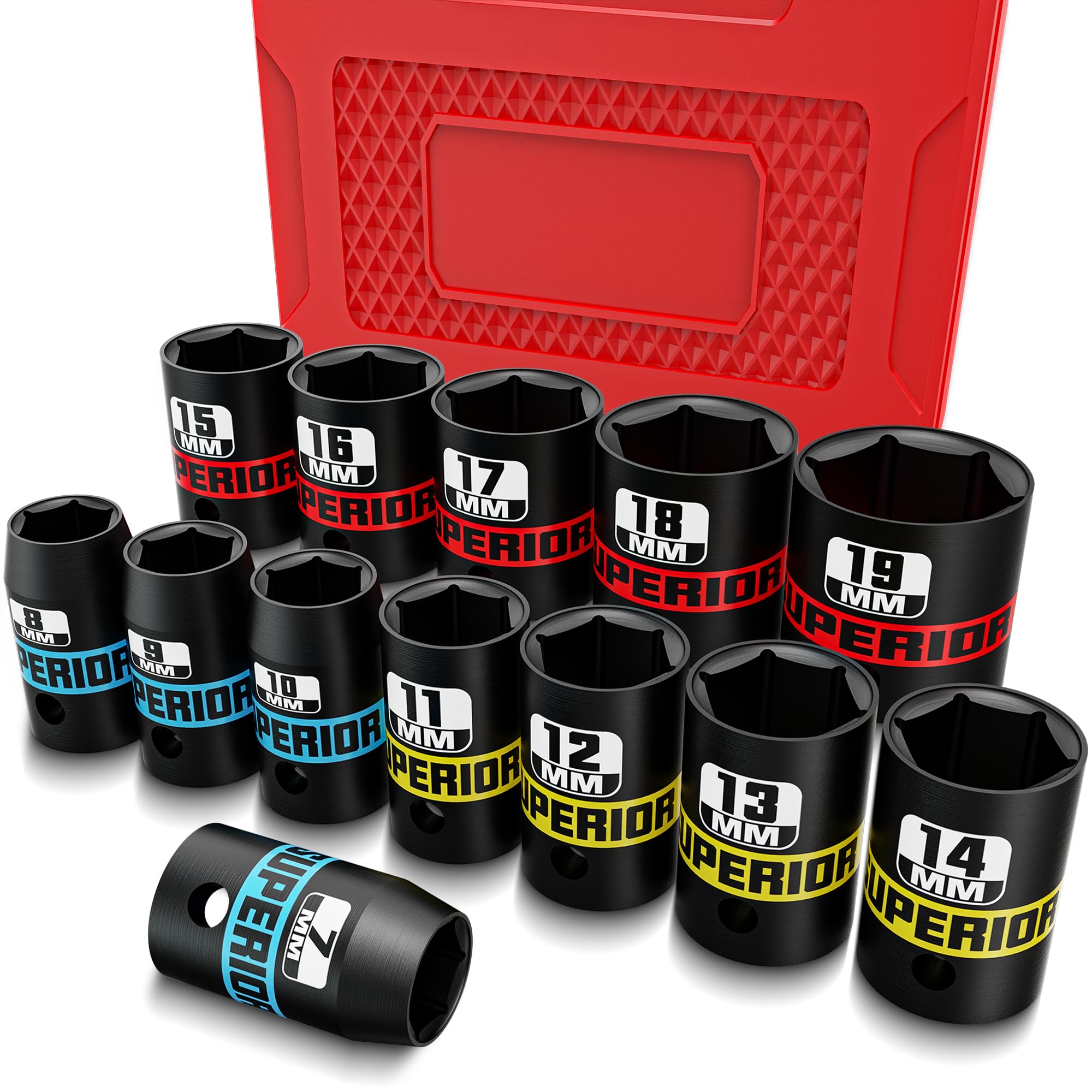 Juego de 13 Piezas Vasos de Impacto 3/8", 7-19 mm Llaves de Vasos Impacto Set, de Cromo Vanadio, Dados de Impacto Para Muebles, Auto Reparación