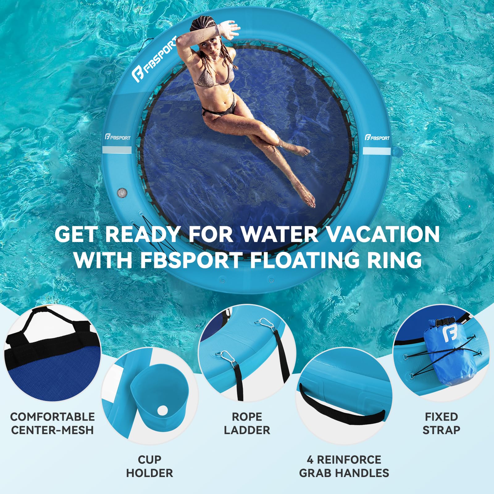 FBSPORT Isola Galleggiante Multi-Persona, Piattaforma Galleggiante Rotonda con portabicchieri, Isola Galleggiante Resistente Antiscivolo per Piscina, Lago e Mare, Dimensioni Opzionali 6/8/10 Piedi