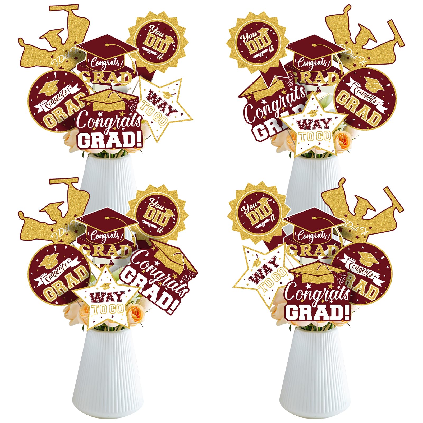 2026 Graduation Party Decorations - 24 Pcs Class of 2026 Congrats Grad Table Centerpieces Graduation Table Decorations Sticks Table Toppers for Graduation Party (Maroon Gold)
