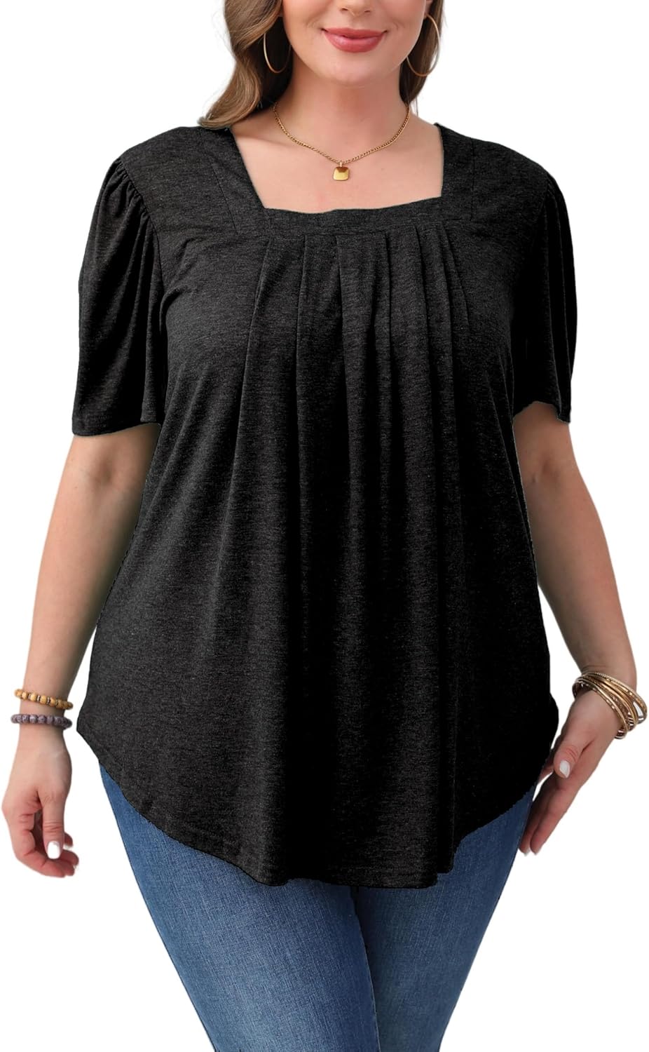 Womens Plus Size Tops Square Neck Puff Short Sleeve Loose Fit Casual Solid Summer Tee T Shirts (1X-5X) Pleated Black 3X