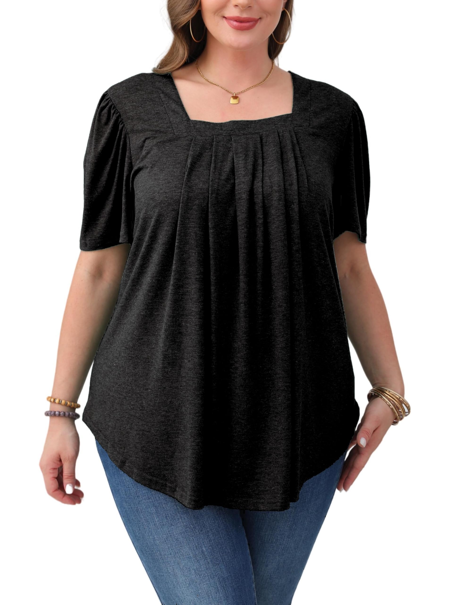 Womens Plus Size Tops Square Neck Puff Short Sleeve Loose Fit Casual Solid Summer Tee T Shirts (1X-5X)