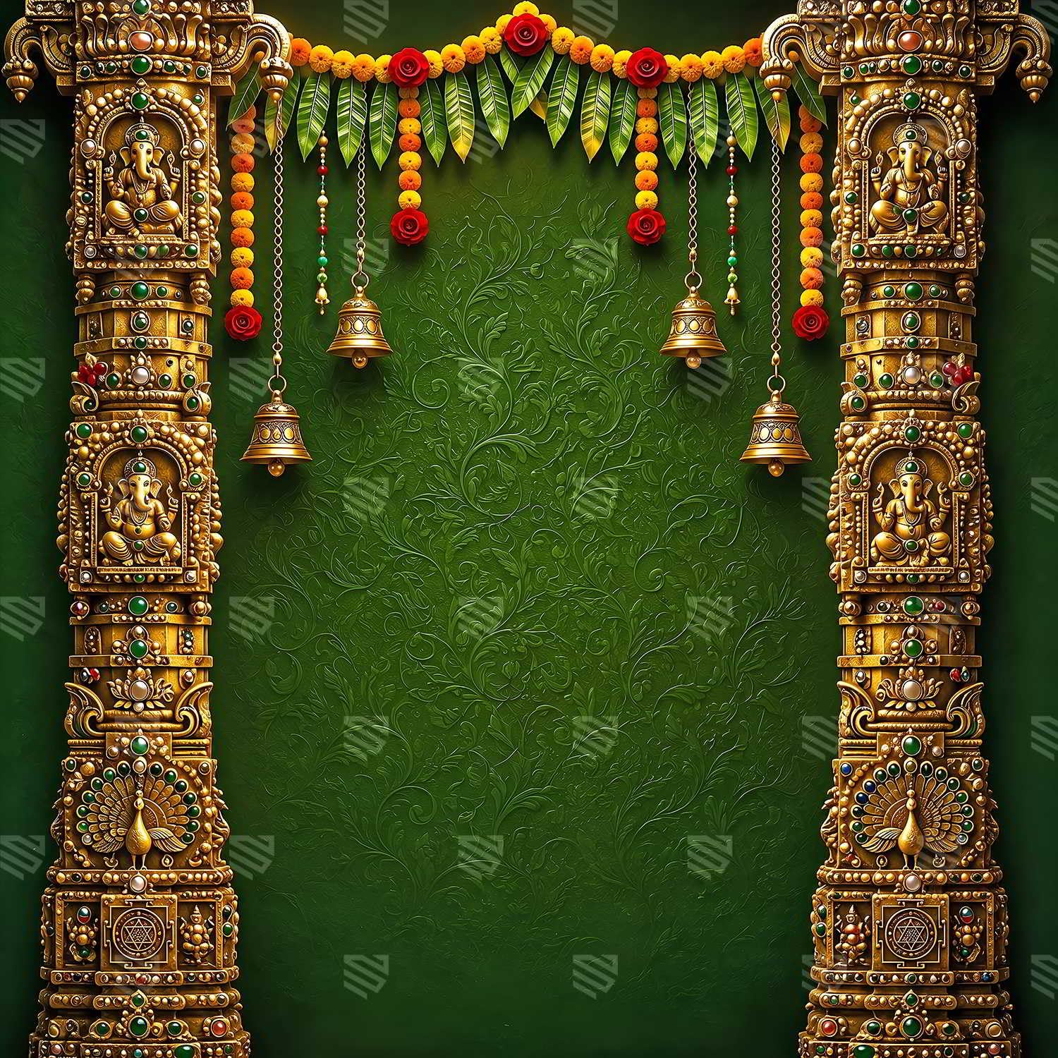 BACKDROPINDIA Vinayak Festive Toran Ganesh Chaturthi Decoration Backdrop 5 x 5 Ft | Traditional Ganpati Mandap Background Banner with Temple Pillars for Pooja, Home & Festival Decor-image-25