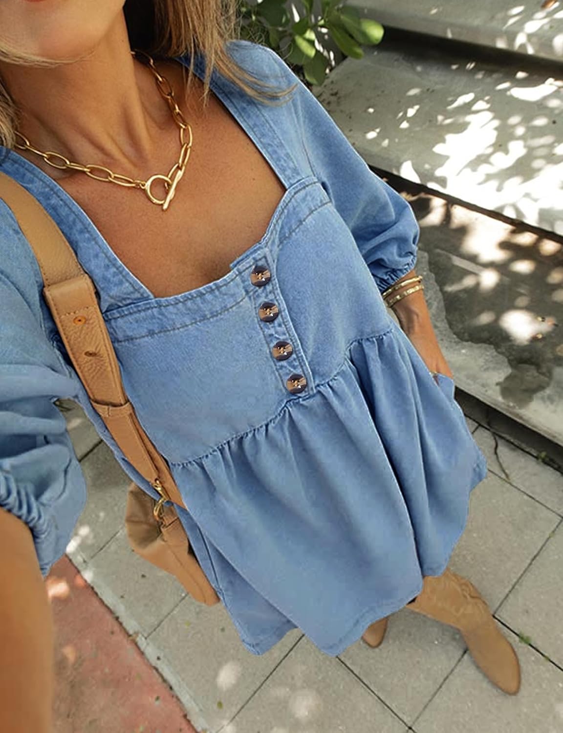 Skirt BL Denim Dress for Women Square Neck Jean Dress 3/4 Sleeve Babydoll Tiered Summer Dresses with Pockets 2025 - Image 2