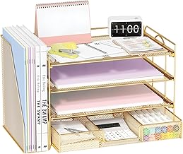 File Desk Organizers and Accessories - Paper Letter Tray Organizer with Removable File Holder+ Drawer, Office Desktop Workspace File Organizer for Office Supplies Desk Accessories(Gold)