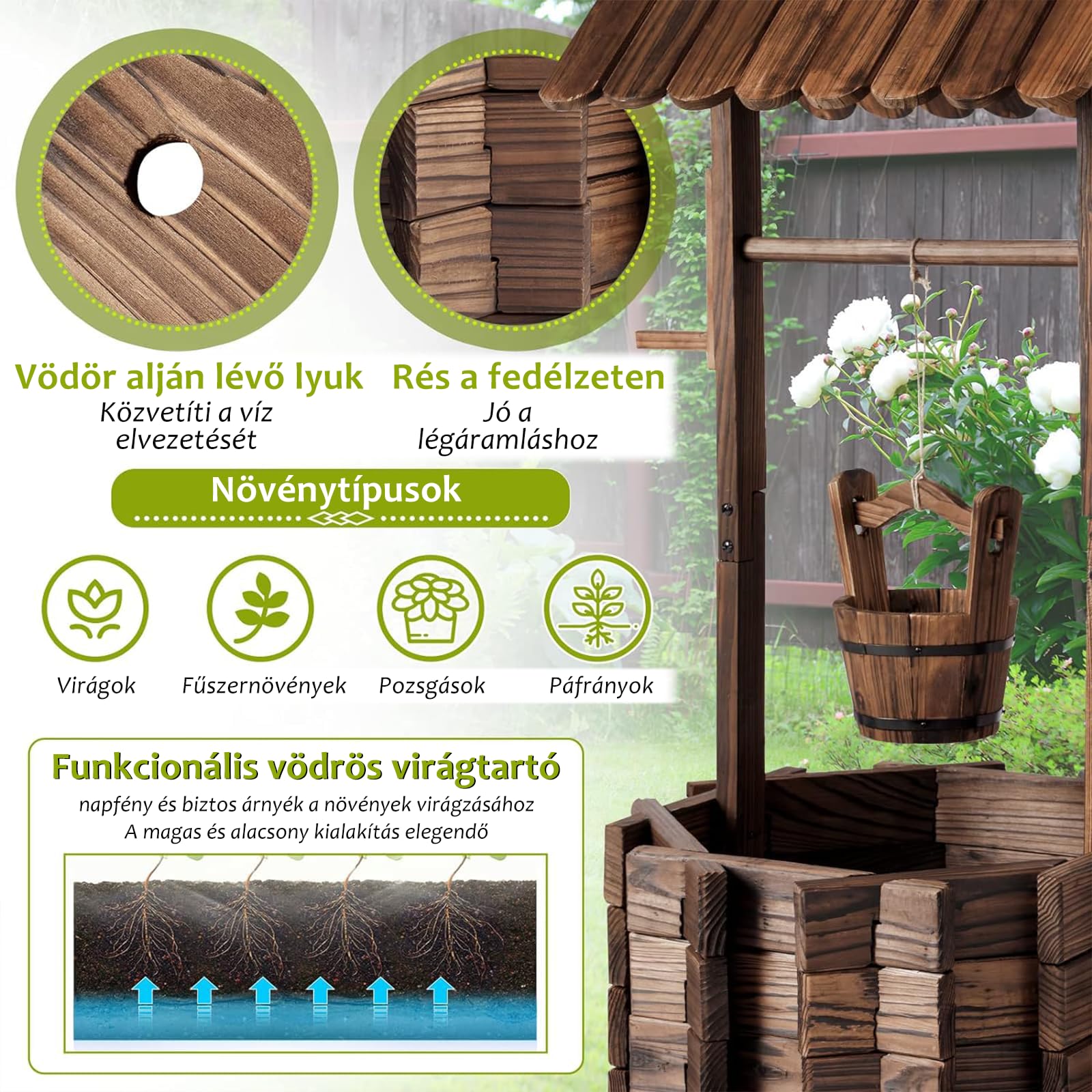 Aoxun Pflanztopf Wunschbrunnen Holz, Ziehbrunnen Pflanzenständer, Wunschbrunnen Pflanzkübel, 54 x 54 x 118 cm, Dekobrunnen für Garten, Gartenbrunnen Blumenkübel