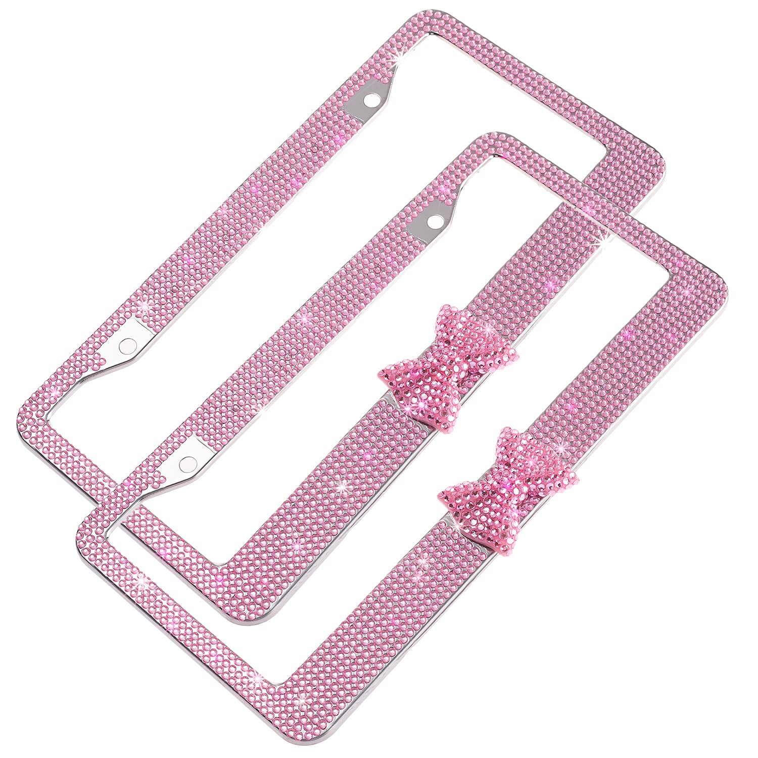 Pink Bowknot Crystal License Plate Frame - Black Frame With Rhinestones, Waterproof, Fits All Cars - View #5