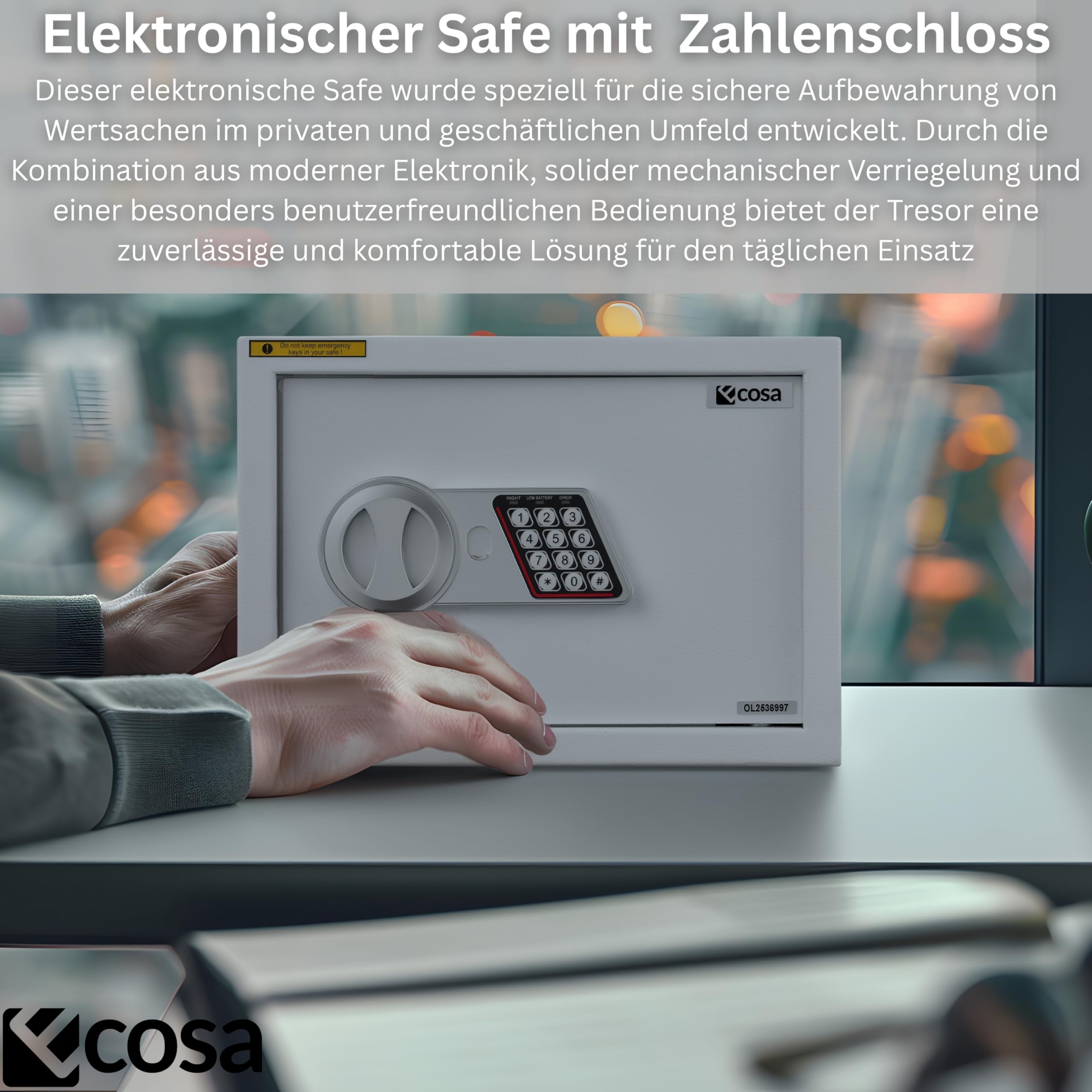 Ecosa Elektroniczny sejf 35 x 25 x 25 cm – sejf meblowy i sejf ścienny z kodem numerycznym i kluczem, sejf hotelowy do domu, 3-krotna, bardzo gruba podwójna blokada bolca, ognioodporny, wodoszczelny